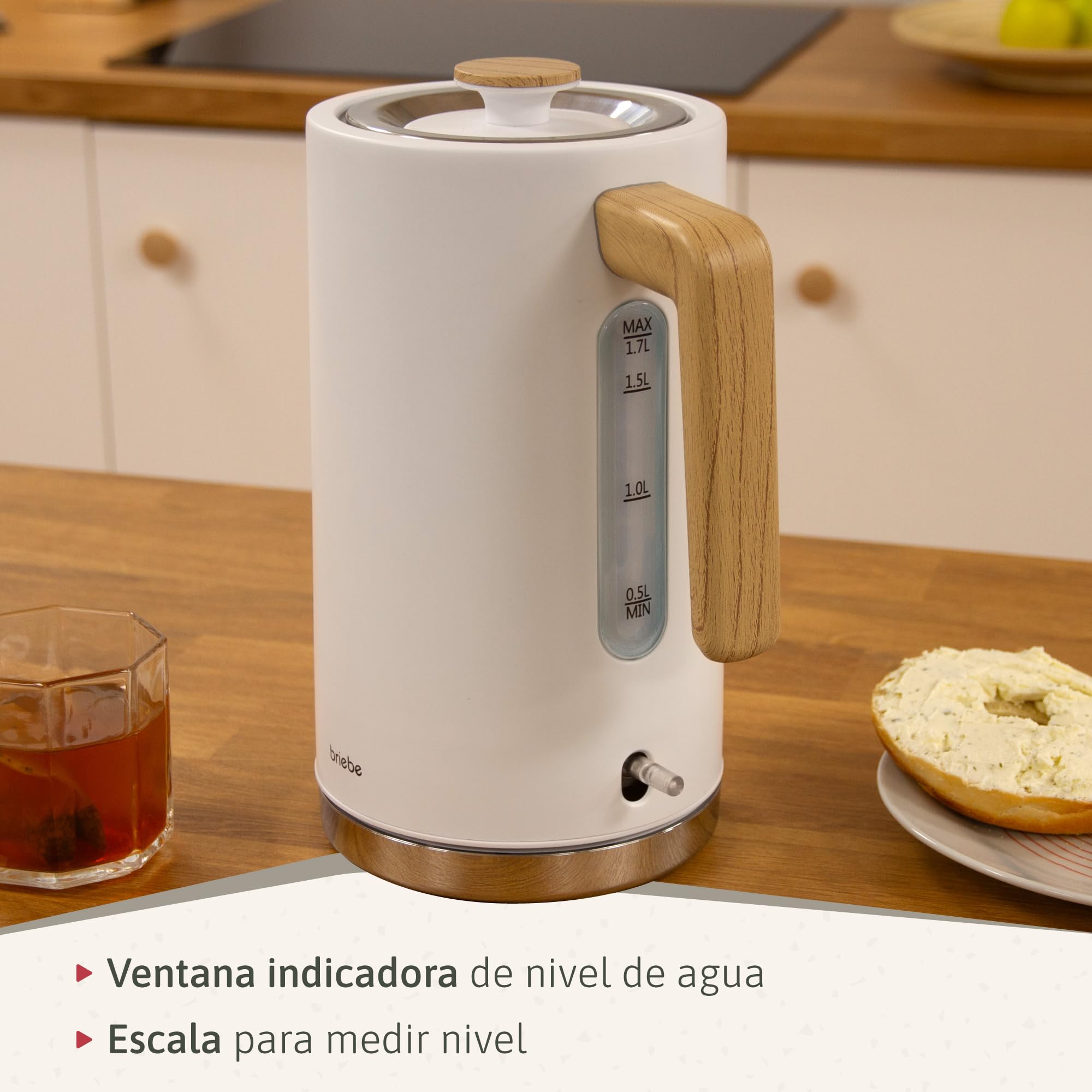 briebe Nordic Hervidor Agua Eléctrico 1,7L Inalámbrico, Tetera Infusiones 2200W Ebullición Rápida, Libre BPA, Base 360°, Controlador Strix, Apagado Automático, Diseño Nórdico, Asa Efecto Madera Blanco