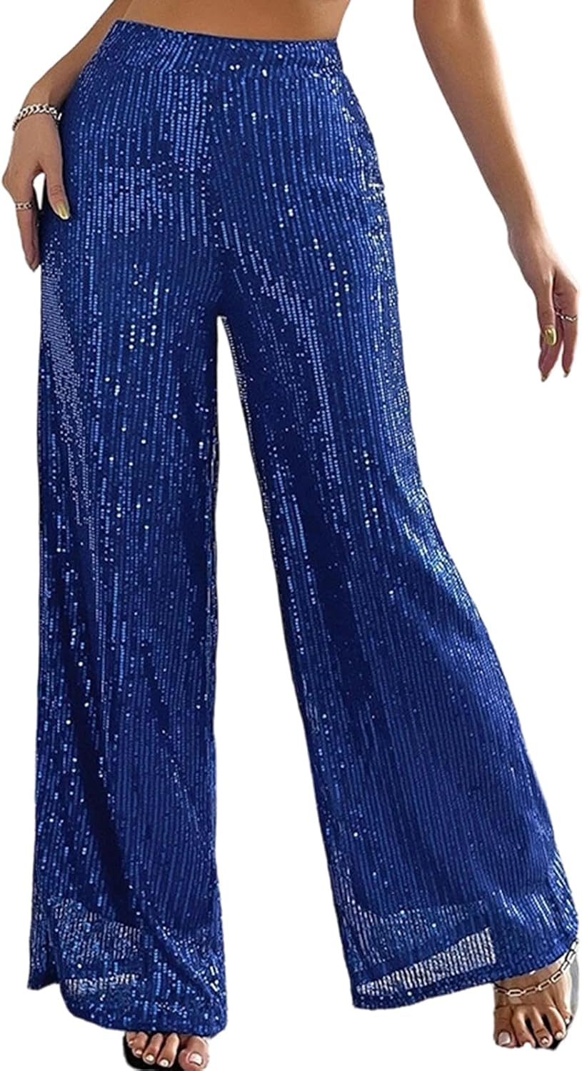 Molisry Women's Sequin Pants Sparkly High Waisted Wide Leg Bling Glitter Loose Club Party Trousers