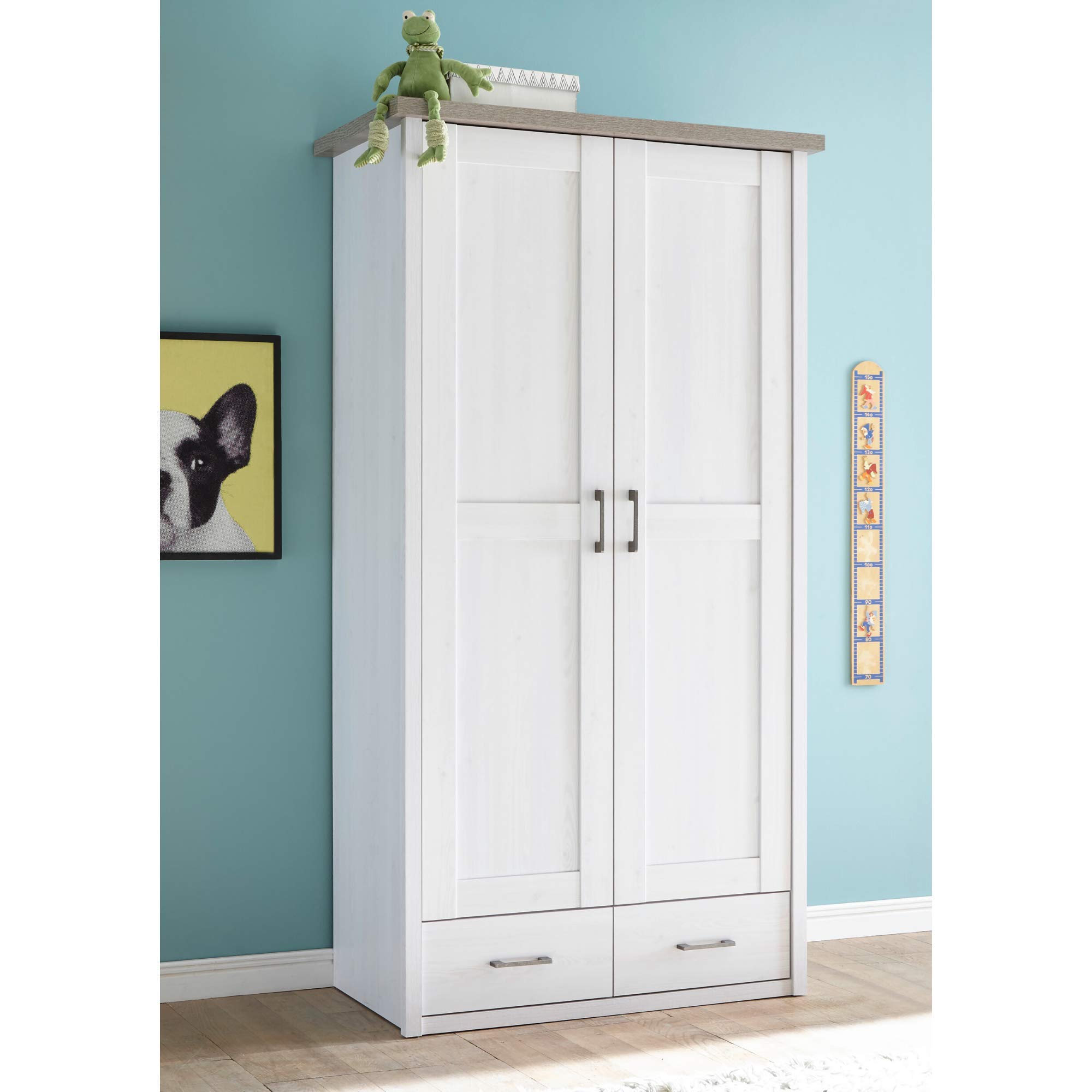 LUCA Eleganter Kleiderschrank Babyzimmer 2-türig - Vielseitiger Drehtürenschrank mit viel Stauraum in Pinie Weiß / Trüffel - 106 x 201 x 55 cm (B/H/T)