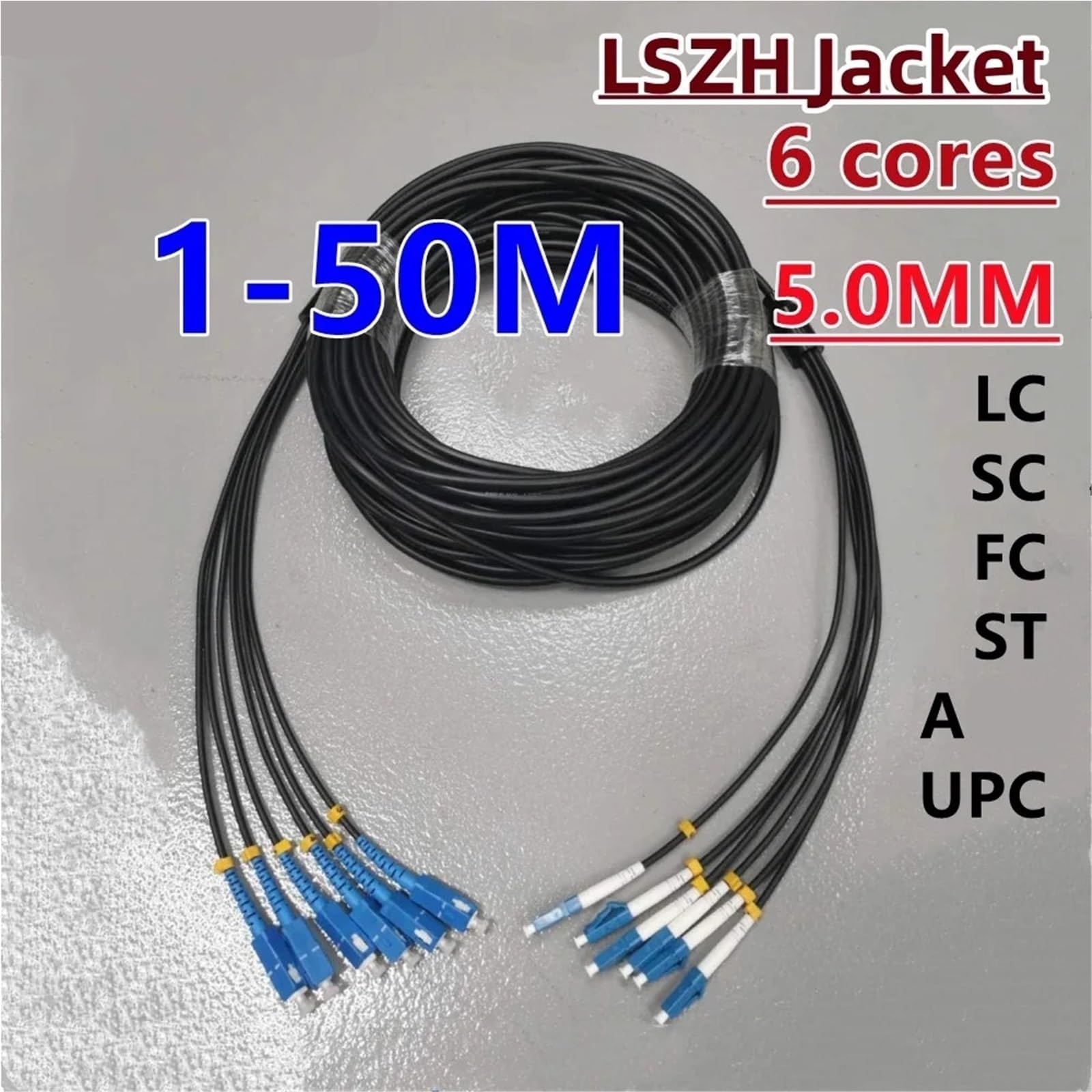 Lot de 2 cordons de raccordement en fibre optique blindée - 1 m - 50 m - 6 conducteurs LSZH 6C SC LC FC ST A - Mode unique (5 m, 2 pièces LSZH SC-SC)