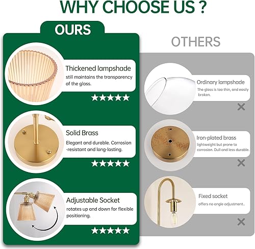 Miniatura 6 de Juego de 2 apliques de pared vintage con pantalla de vidrio a rayas ámbar, apliques de latón ajustables de 180 grados, con cable de iluminación,