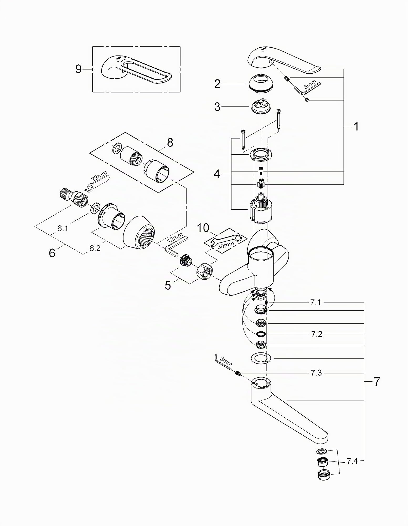 Grohe, Miscelatore monocomando per lavabo Euroeco, montaggio a muro, 170 mm, Grigio (Cromo), 32773000