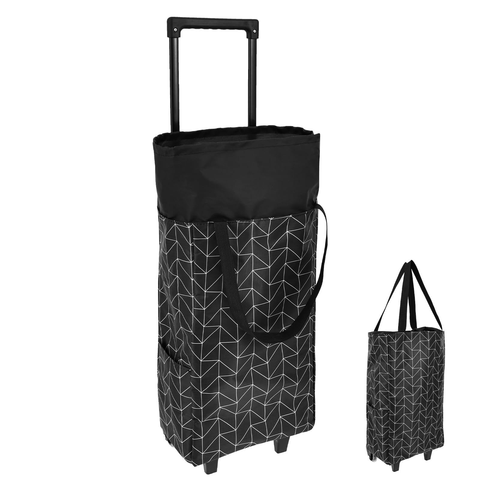 Foldable Lightweight Shopping Trolley with Wheels, Waterproof Oxford Cloth Rolling Bag Portable Handheld Bag, Reusable Large Capacity Handbag for Grocery Shopping and Travel(Black Stripes)