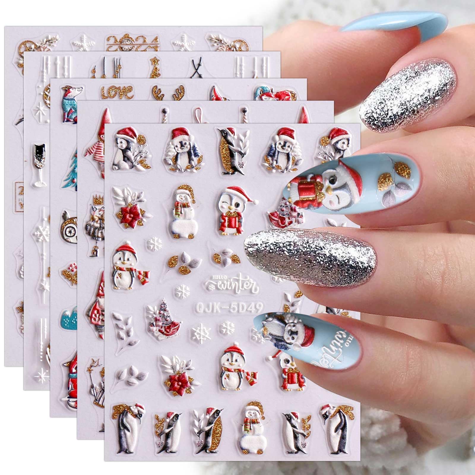 5D Weihnachts-Nagelsticker – 6 Blatt Selbstklebend, 3D-Effekt, Super Einfach Anzuwenden