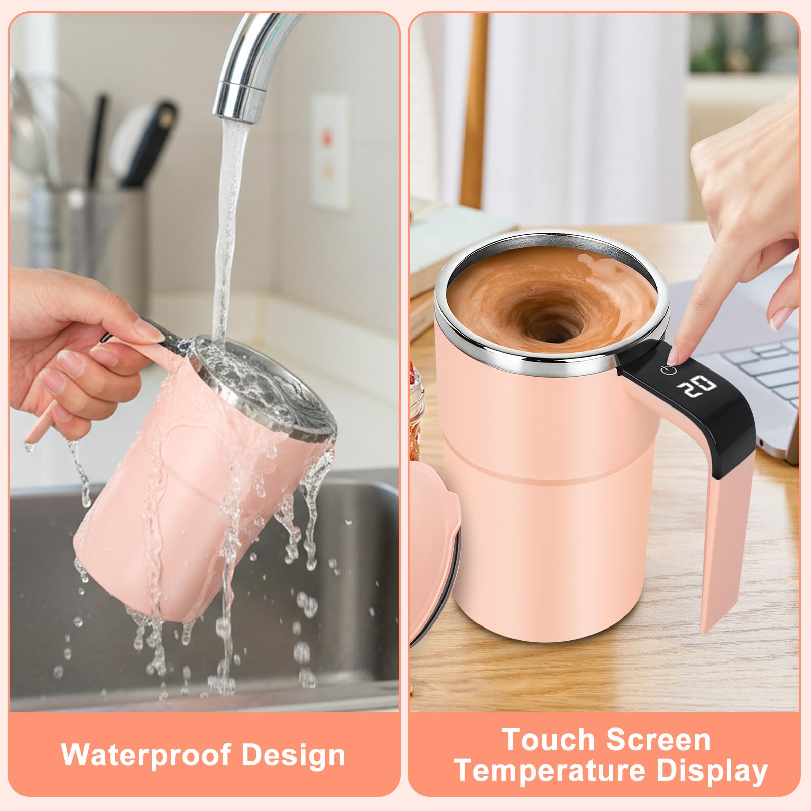 380 Ml Miscelatore Elettrico Ricaricabile, Tazza Per Miscelatore Elettrico Con Display LCD, Tazza Da Caffè Automatica, Con Coperchio, Per Latte Cacao Cioccolato Caldo E Bevande(Rosa)