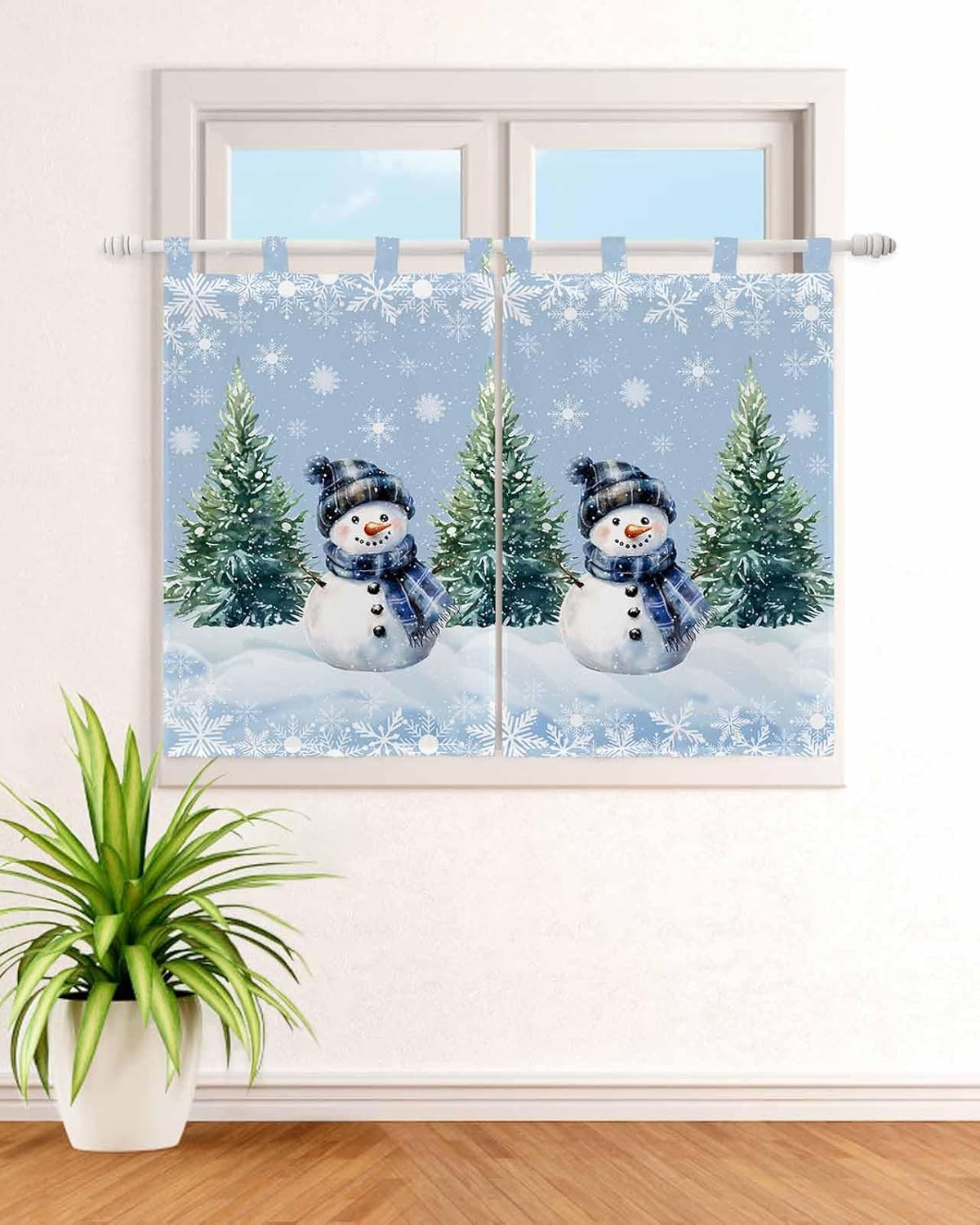 Blue Christmas Kitchen Curtains 45 Inch Length, Light Filtering Tier Curtains Snowman Snowflake Xmas Trees Winter Tab Top Cafe Curtains for Kitchen Bedroom Bathroom Window Treatment Drapes 2 Panels