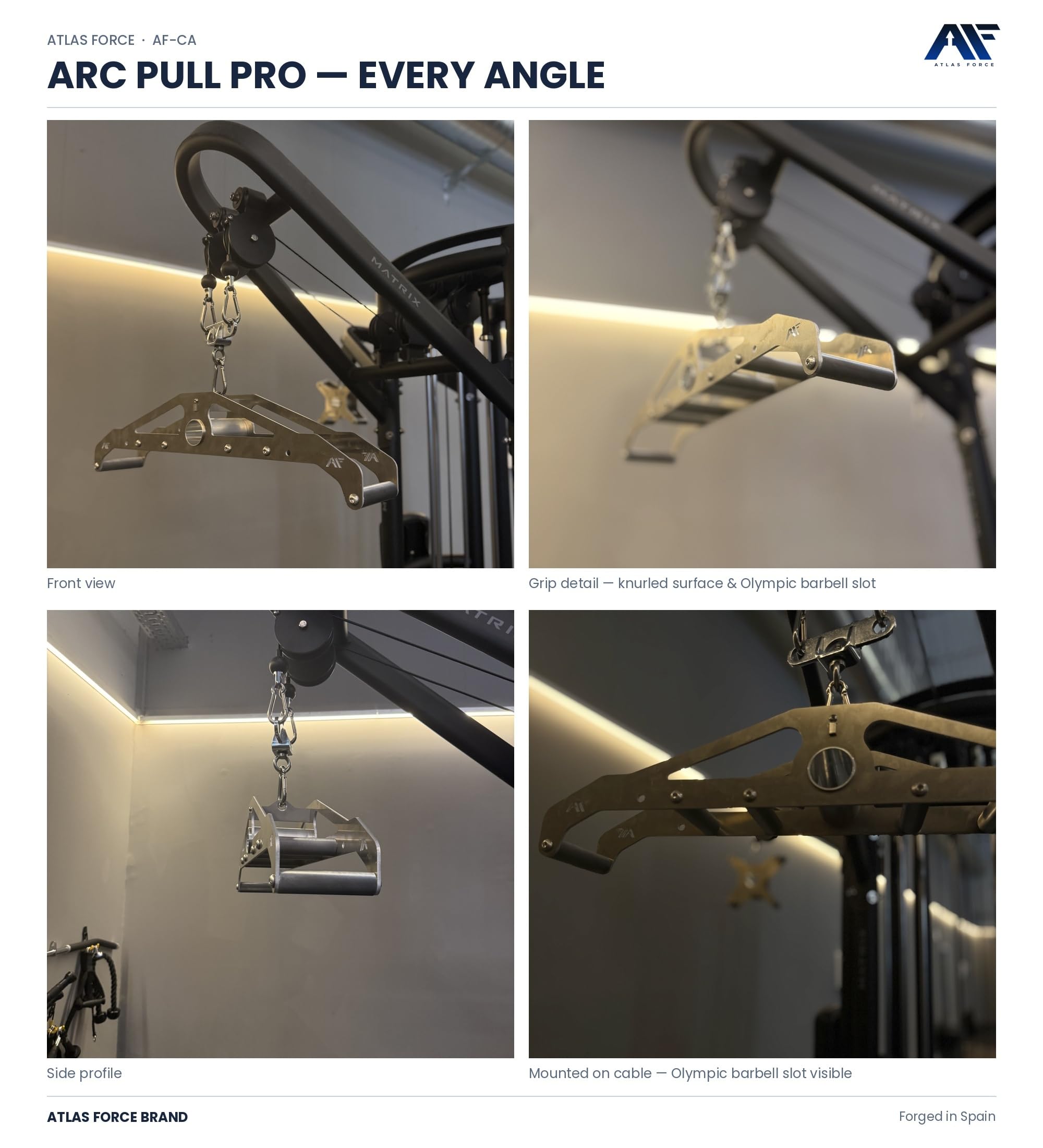 ARC Pull Pro - Accesorio para Cable y Barra en T | Multi-Grip 3 en 1 | 4 Posiciones de Agarre | Agarre Neutro | Ranura para Barra olímpica | Aluminio CNC | Fabricado en España