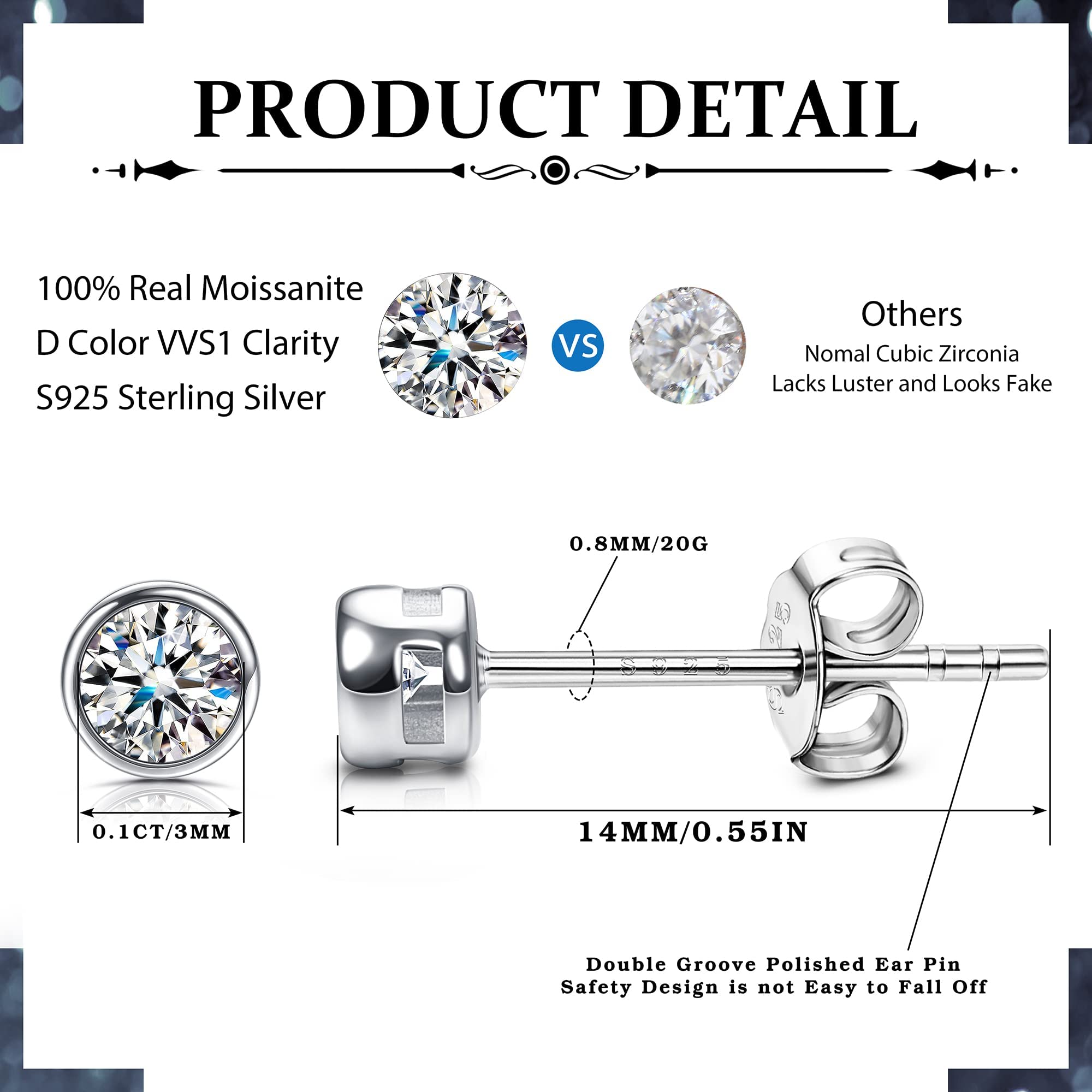 Moissanite Ohrstecker Sterling Silber 3 mm 0,1 Karat D Farbe VVS1 Klarheit Runder Schliff 18K Weißgold Vergoldet