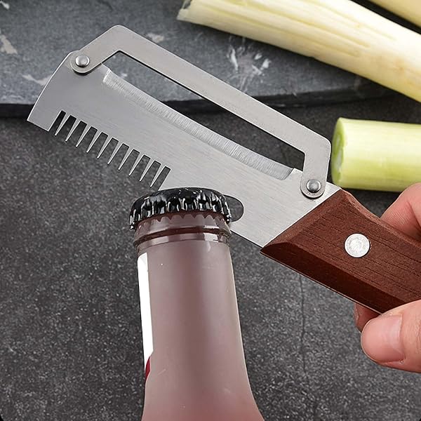 Éplucheur végétale multifonction lame et ouvre bouteille en acier inoxydable ultra tranchant poignée ergonomique antidérapante bois Légumes Manche Bois Massif Décapsuleur Intégré Lame Tranchante - 5