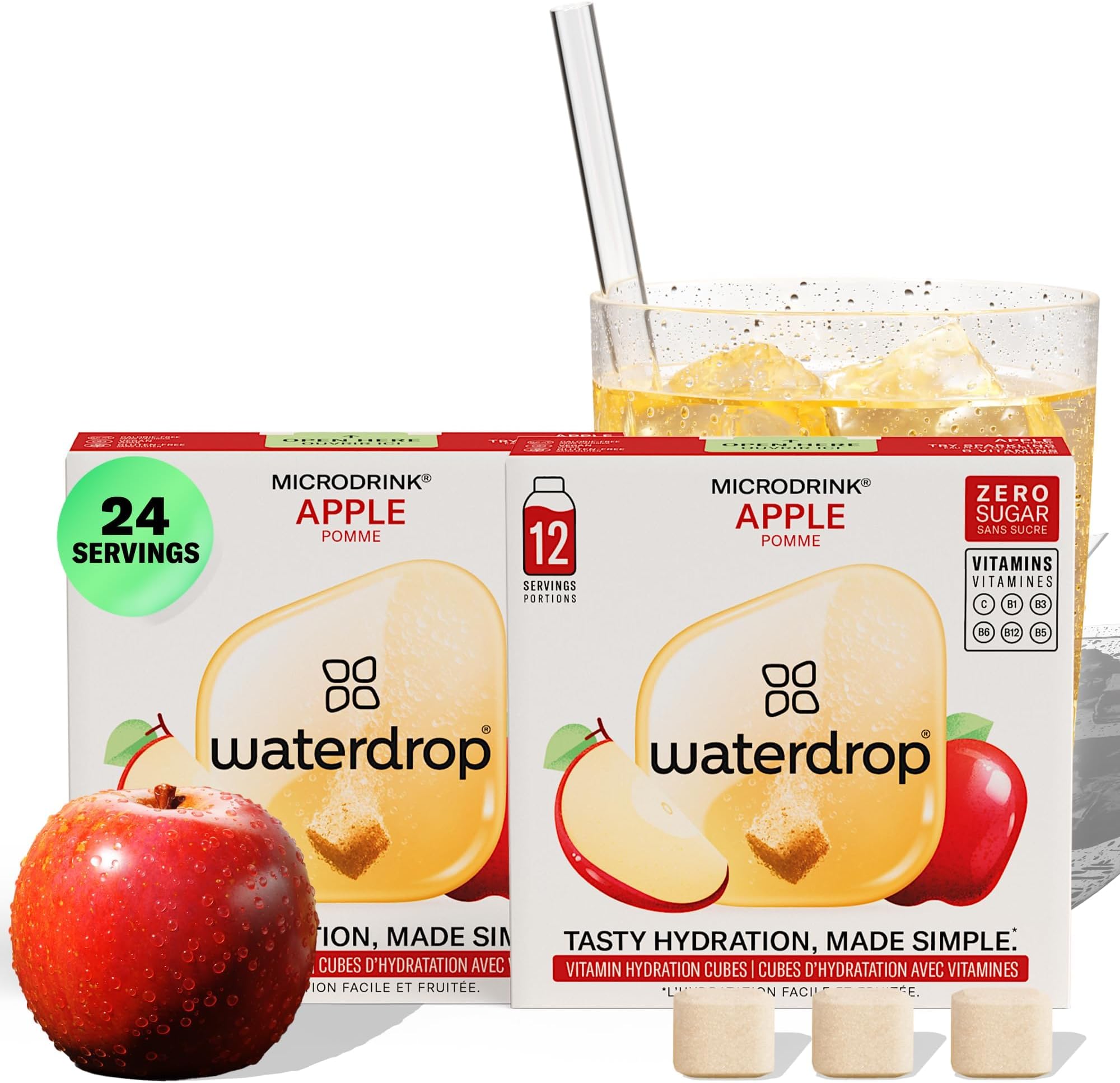 Waterdrop Hydration Cubes with Vitamin C, B3, B5 & Electrolytes, Apple Flavor, Flavored Water Enhancer Electrolyte Cubes for Still & Sparkling Water, Sugar Free, Low Calorie, On the Go, Vegan, 24 Ct