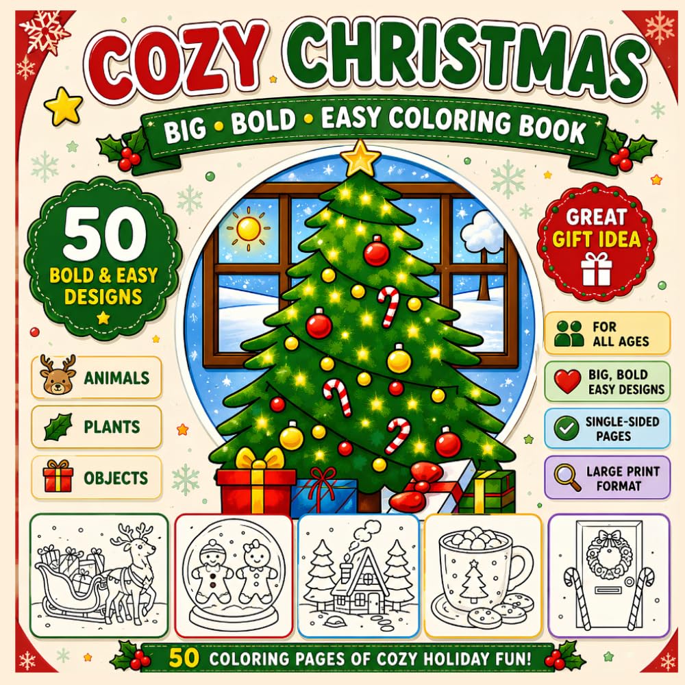 Cozy Christmas Coloring Book: 50 Big, Bold and Easy Designs for Adults & Teens (Easy Strokes)