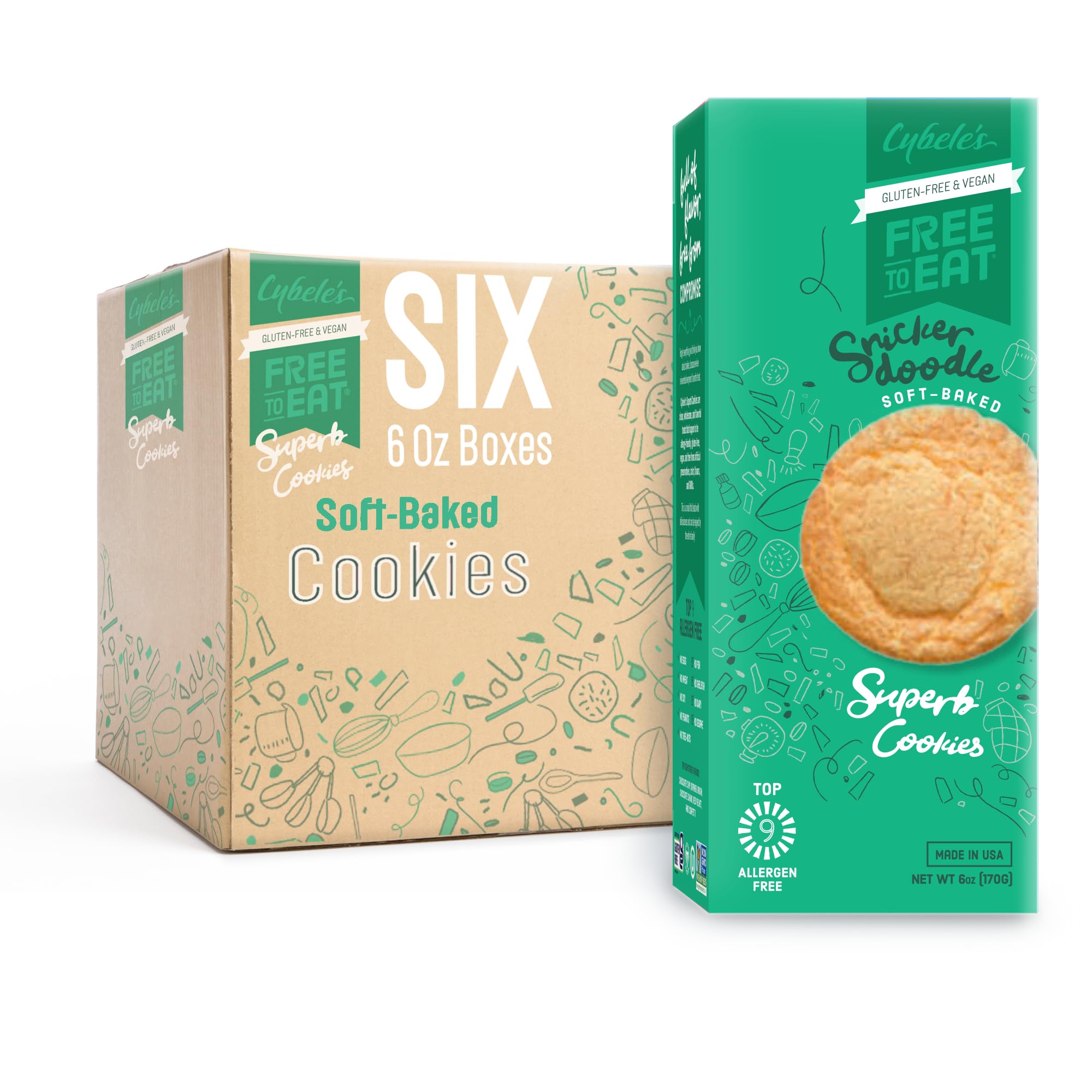 Cybele’s Free To Eat Gluten-Free & Vegan Cookies - Plant-Based, Dairy, Soy, & Nut Free - Soft-Baked School Safe Snack For Kids & Adults - 12 Cookies Per 6 oz Box (Snickerdoodle, Pack of 6)