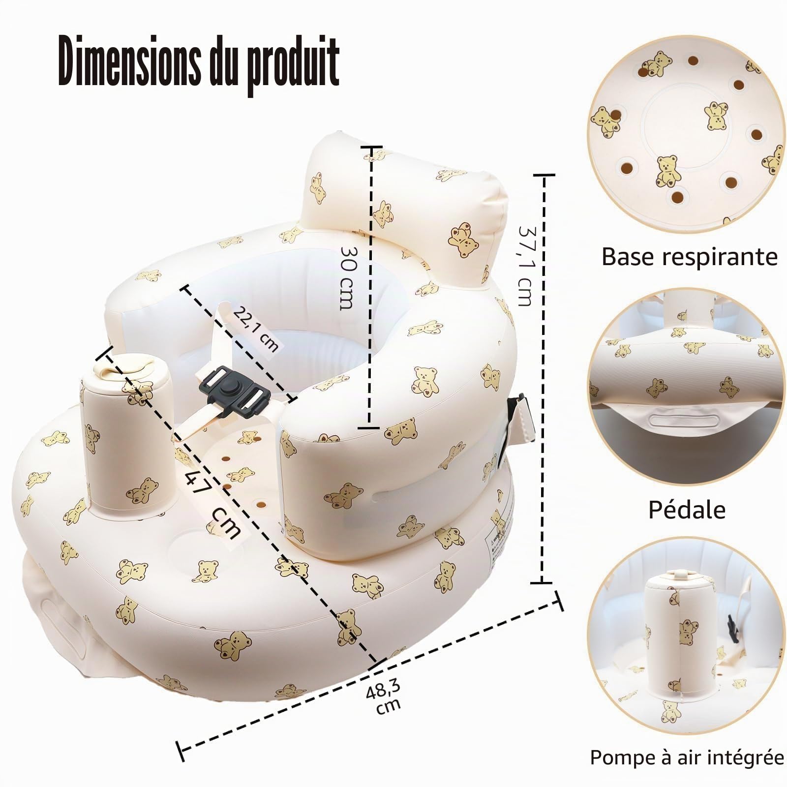Siège Gonflable Pour Bébé de 3 Mois Plus, Chaise Gonflable Bebe avec Ceinture de Sécurité, Dispositif d'assistance à la Siège Pour Tout-petits Pliable, avec Pompe Intégrée (Ours)