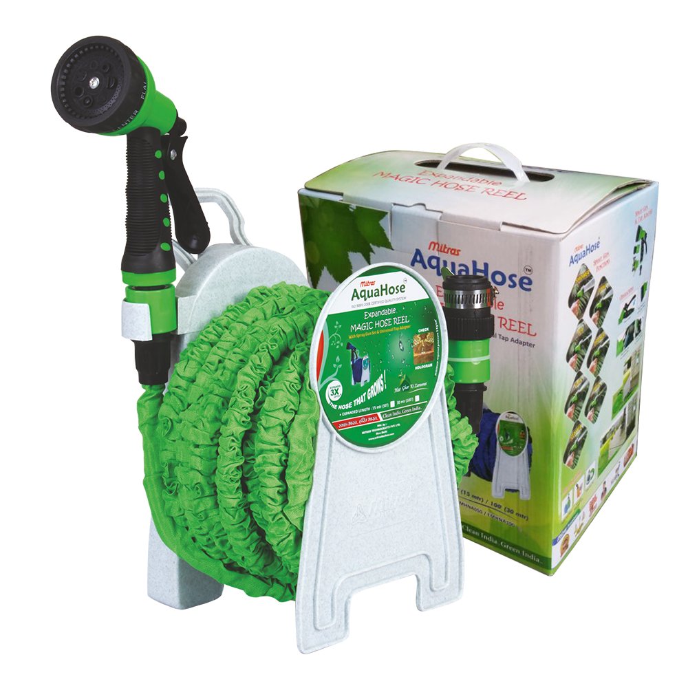 AquaHose Expandable Magic Hose Reel For Watering Accessories - Fixed Type 5mtr Hose Expandable upto 15mtr (50') at pressure (with Soft Grip 7 Function Spray Gun Set with Tap Adapter having easy to use Butterfly Clamp to Tighten)