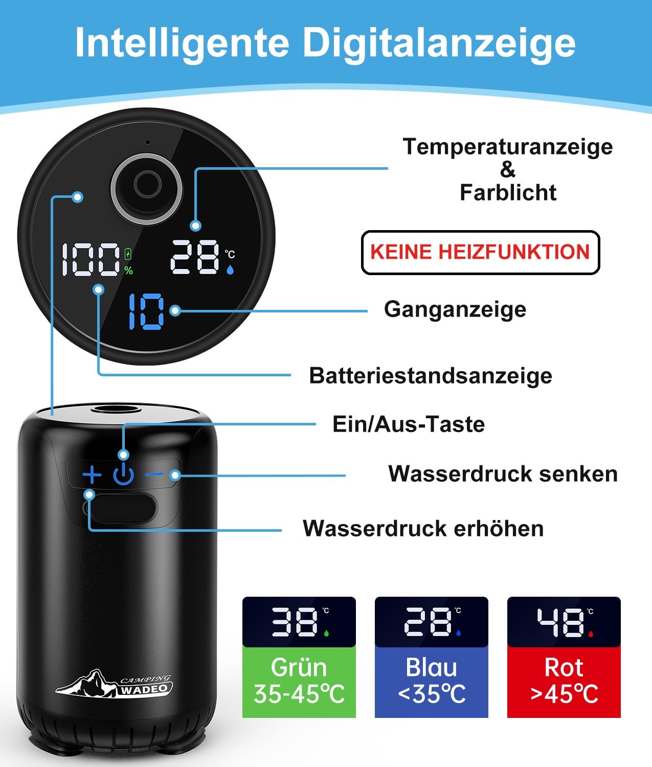 WADEO verbesserte Campingdusche Akku mit Pumpe, 10 Gänge Schaltung, 6000-mAh-Akku für 3 Stunden Laufzeit, mit doppelter Digitalanzeige, Mobile Duschen Outdoor für Camping Reisen Garten (Schwarz)