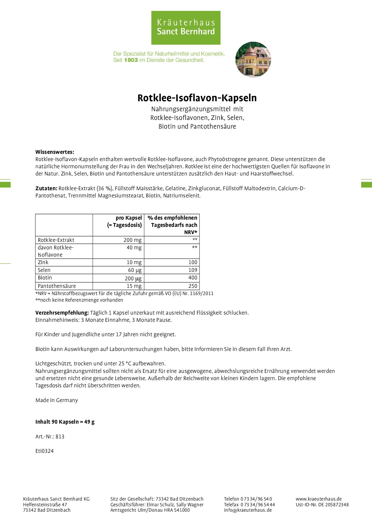Rotklee-Isoflavon-Kapseln mit Zink, Selen, Biotin, Pantothensäure 90 Kapseln