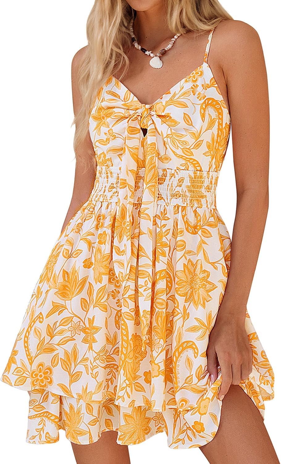 Kate Kasin Women's Floral Midi Dress Spaghetti Strap Summer Dress Caual Boho Sundress Yellow M