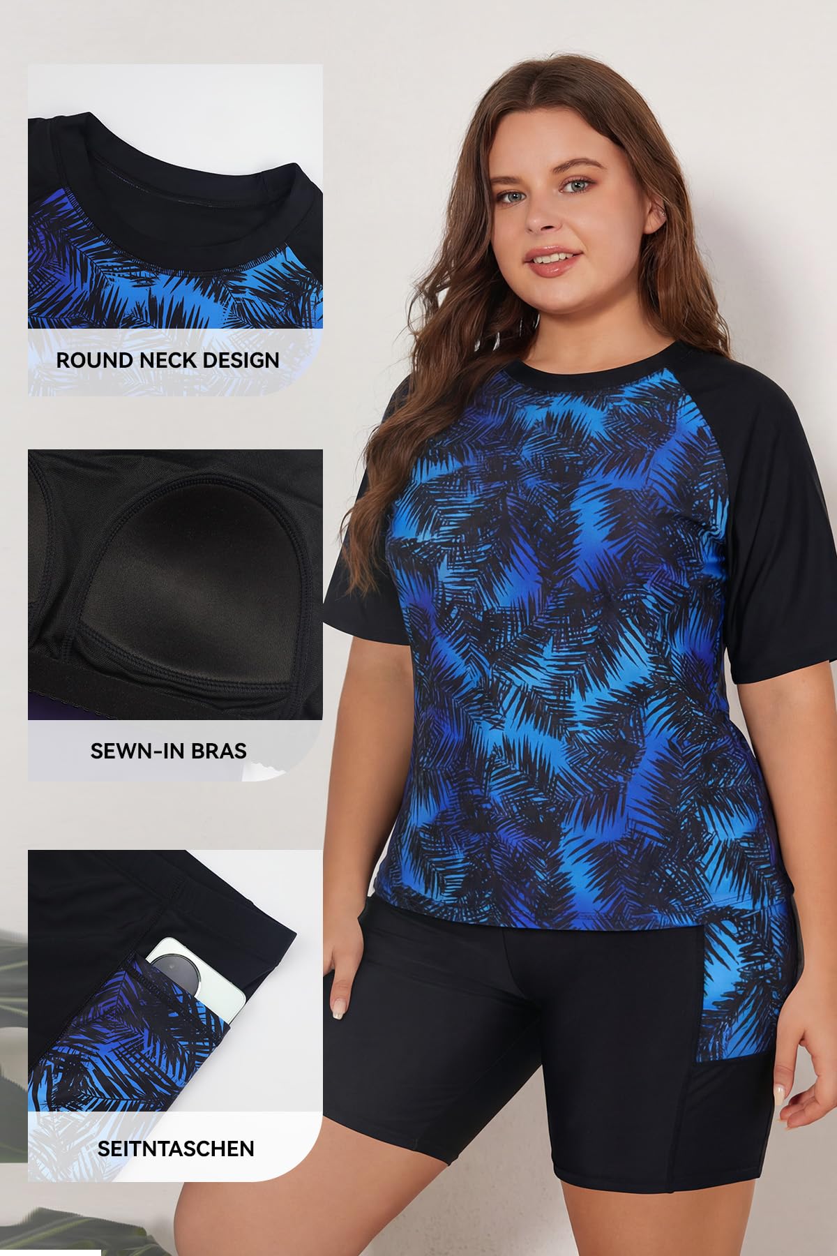 SHEKINI Conjunto de camiseta de baño para mujer, de gran tamaño, con pantalones cortos de natación de secado rápido, para surf, protección solar, traje de baño