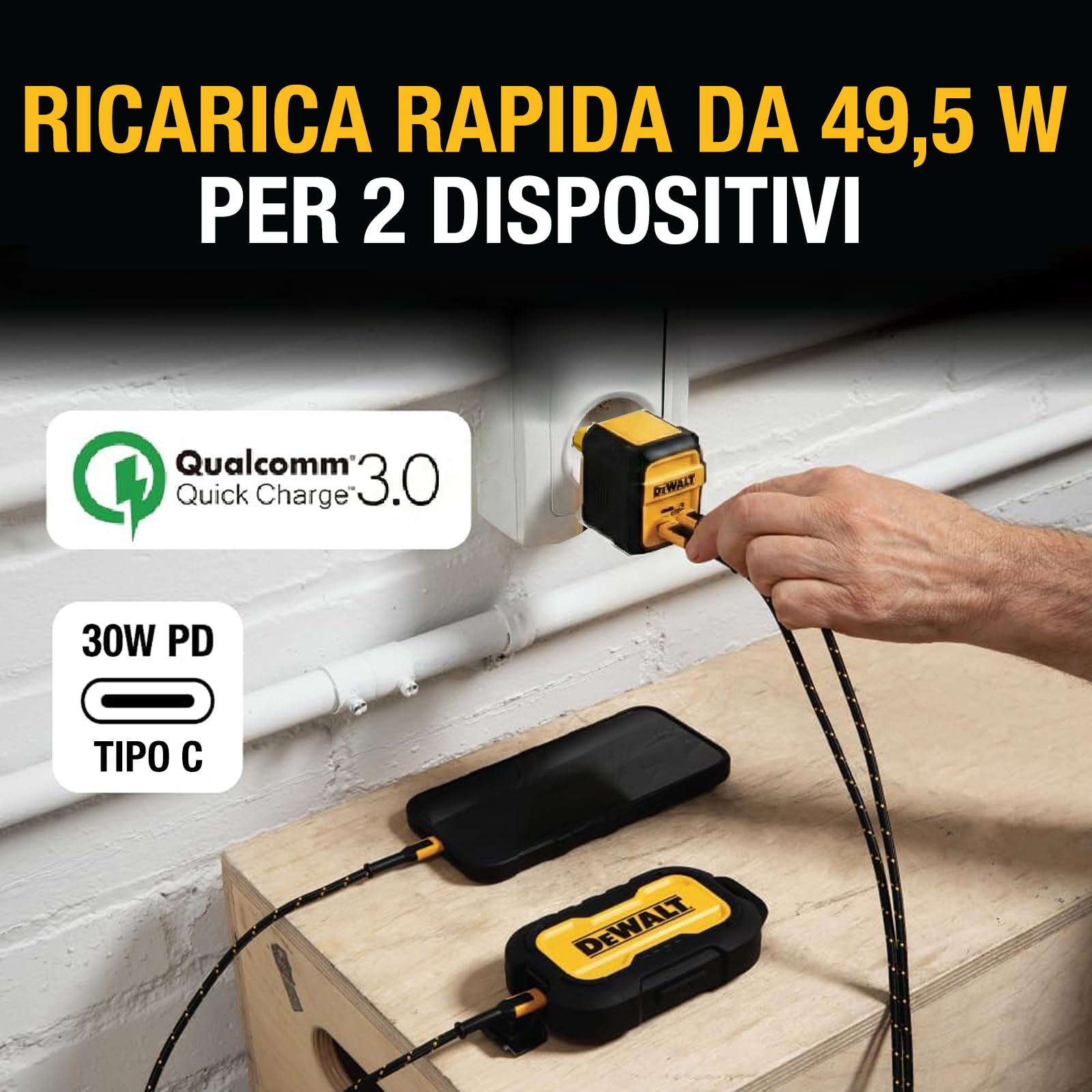 DEWALT Caricatore da Parete Heavy Duty 49,5W con Doppia Porta USB-A e USB-C (Cavo Non Incluso), Alimentatore Compatto Pieghevole a Ricarica Rapida per iPhone 17/16/15/14, Galaxy, Pixel, iPad