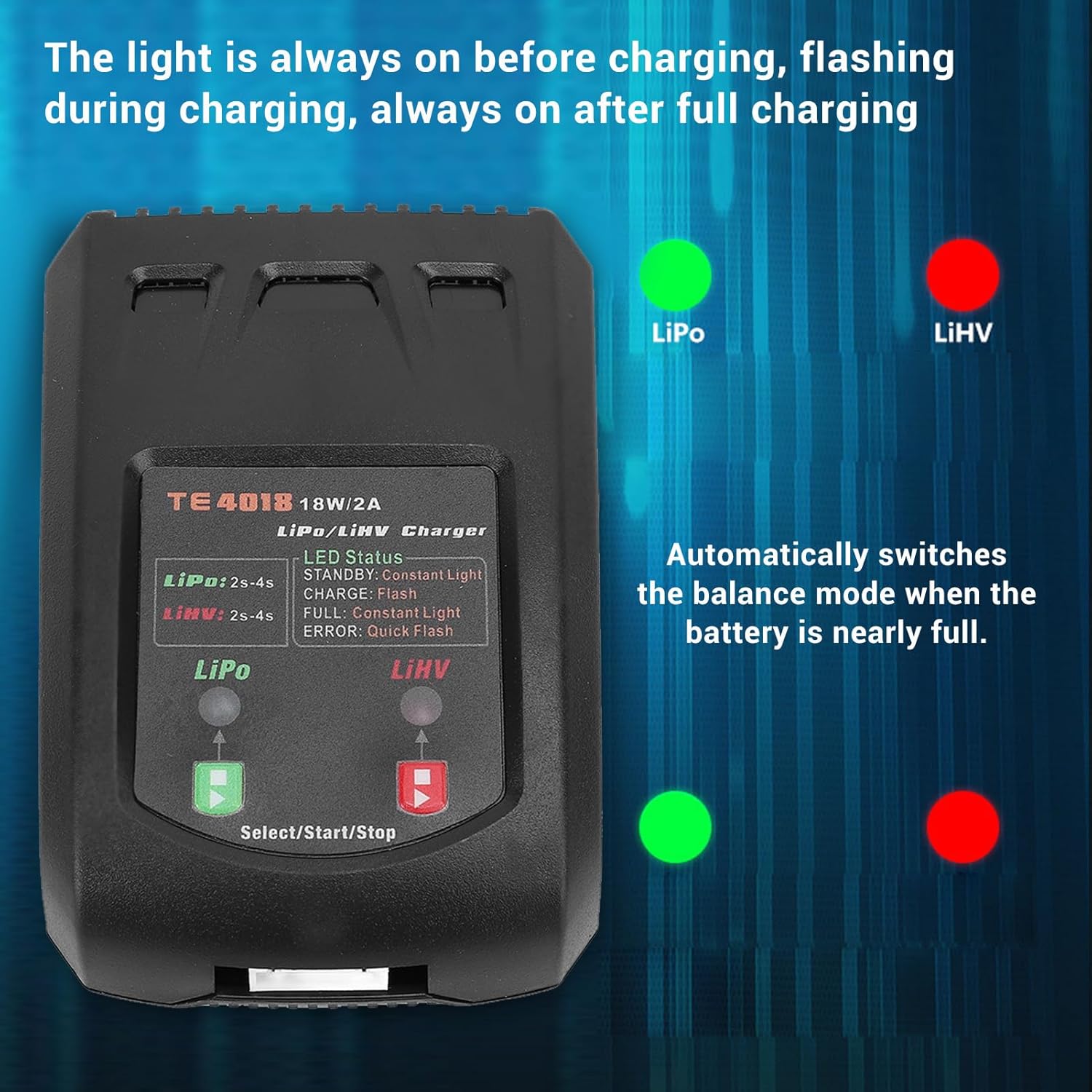 Li Po Battery Charger, 18W 2A, 2S to 4S (7.4V‑14.8V) Balance Charger Discharge, Li Po/LiHV Battery Charger for Charging RC Car RC Boat Drone Parts,RC Hobby Battery Charger (US