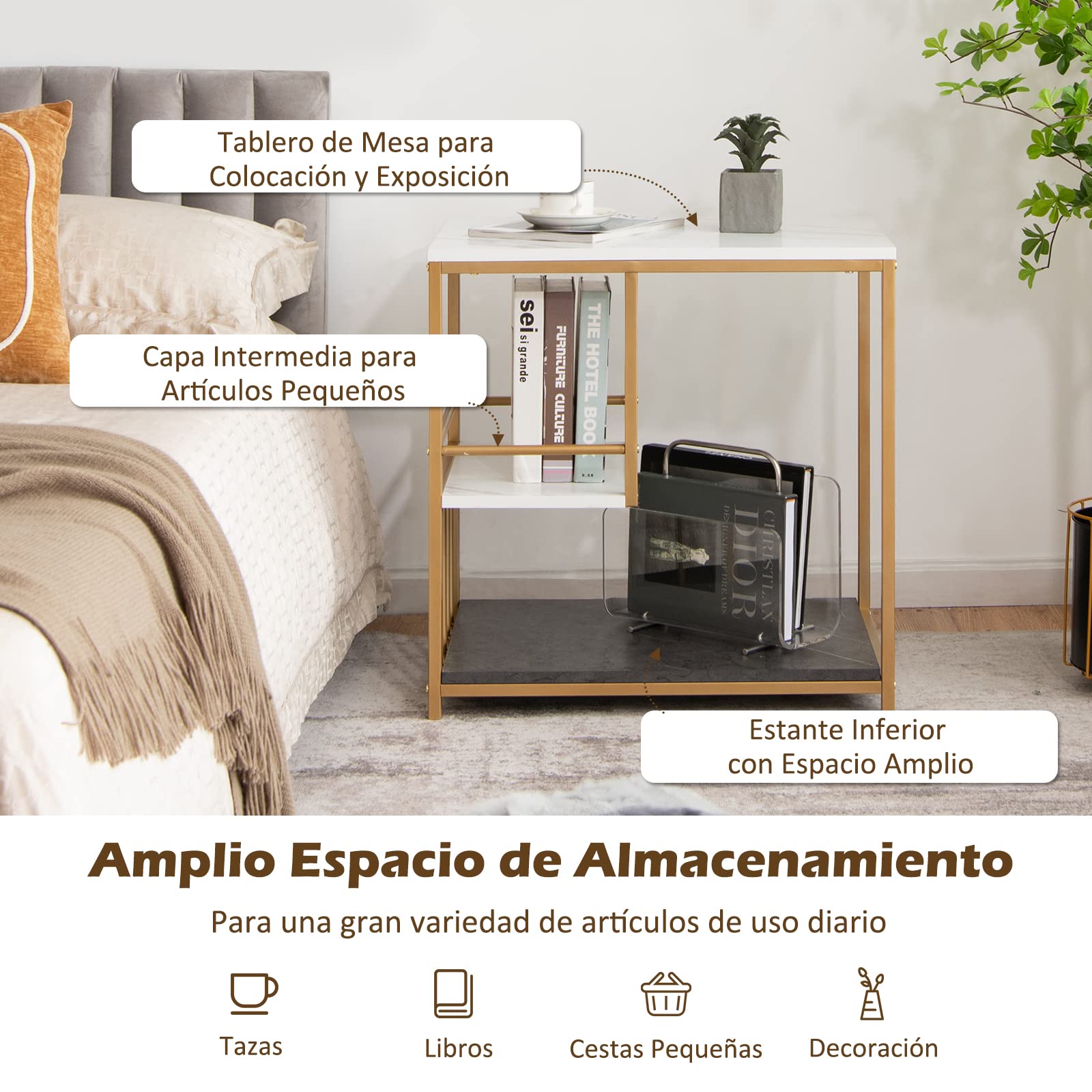 COSTWAY Mesa Auxiliar Blanca, Mesa con 3 Niveles y Estructura en Acero Pintada Dorada, Mesita Moderna para Salón Dormitorio, Fácil de Montar, Mármol y Oro 60 x 40 x 60,5 cm