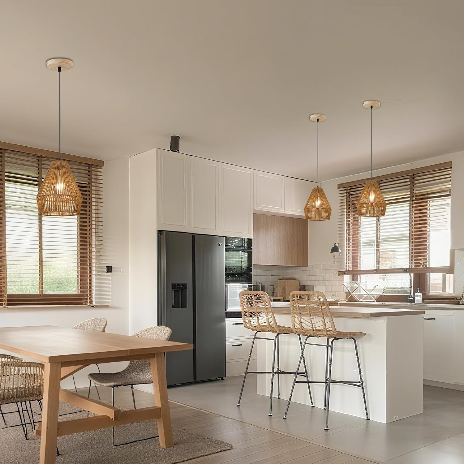 3 Packs Rattan Pendant Light, 9” Boho Hanging Light Fixture Kitchen Island, Natural Hand-Woven Pendant Light, Adjustable Farmhouse Chandelier For Kitchen Sink Island Bar Foyer Bedroom Dining Room