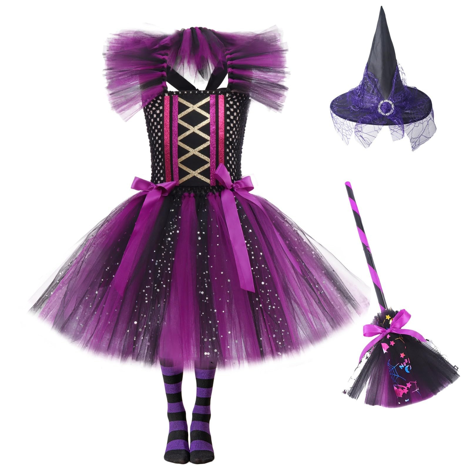 Witch Costume Kids Girls Witch Halloween Costumes with Wizard Hat 4 PCS Set — image 1