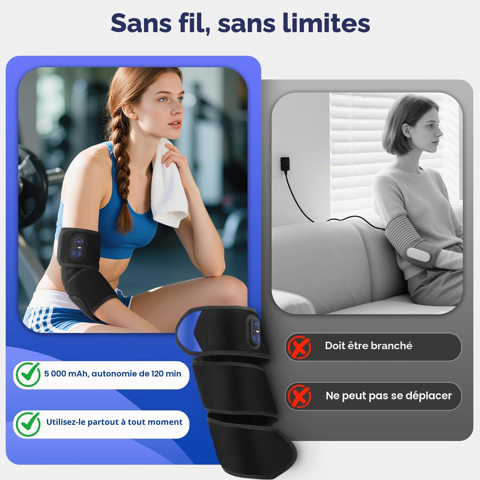 Coussin chauffant sans fil pour bras coude jambe 5000 mAh chauffage rapide 3 réglages chaleur durée