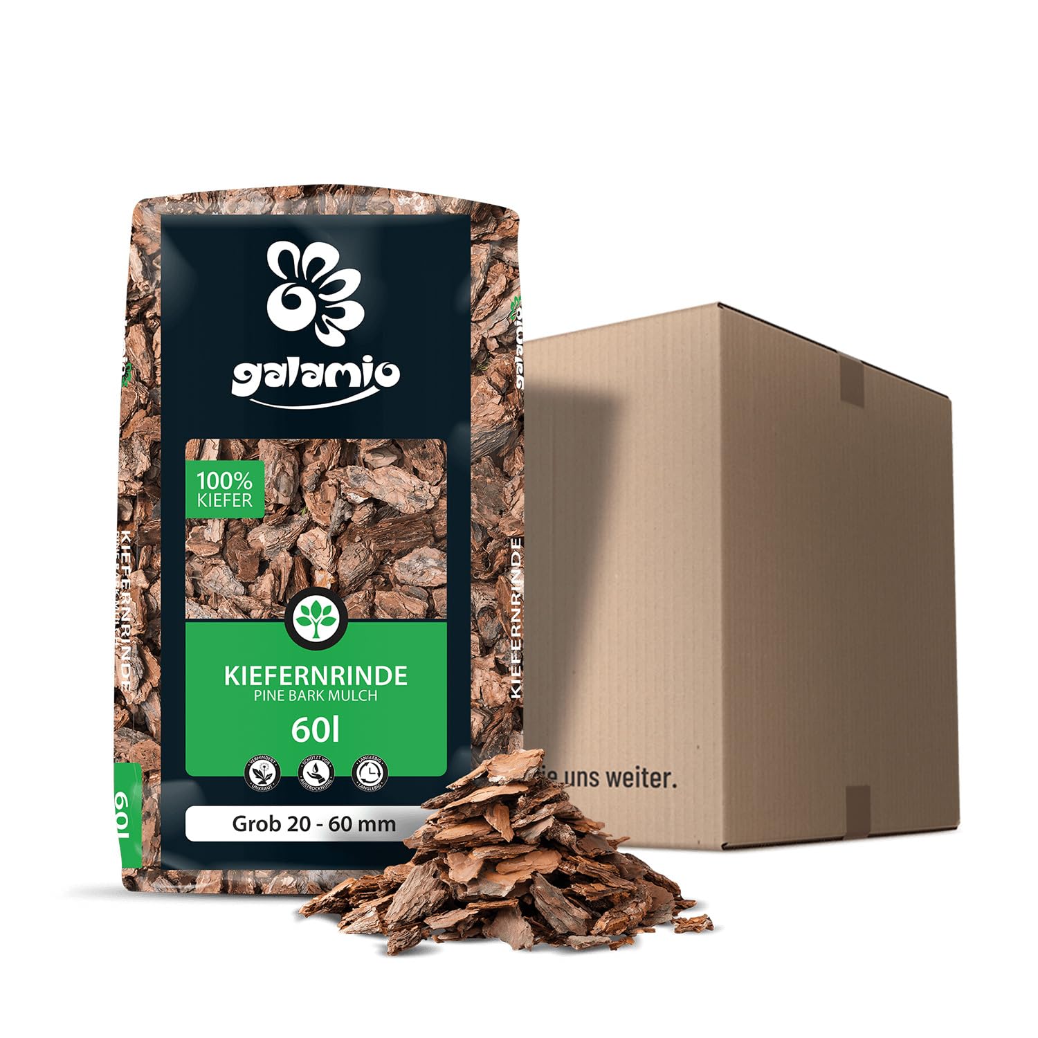 GALAMIO Kiefernrinde Grob Mulch – Rindenmulch 20–60 mm, 60l Sack