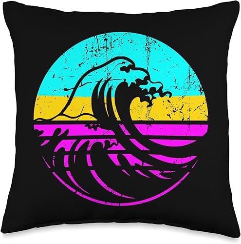 Almohada vintage de playa, surf, retro, envejecida, gran onda
