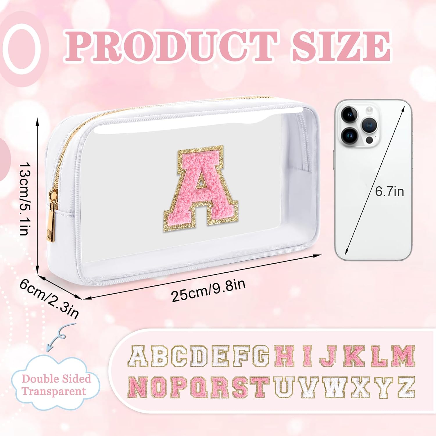 Small Clear Personalized Initial Makeup Bag,Nylon Preppy A-Z Chenille Letter Patch Cosmetic Pouch Beach Toiletry Bag,Waterproof Zipper Travel Purse Storage Bag Organizer for Women Girls(White-Pink A) - Image 2