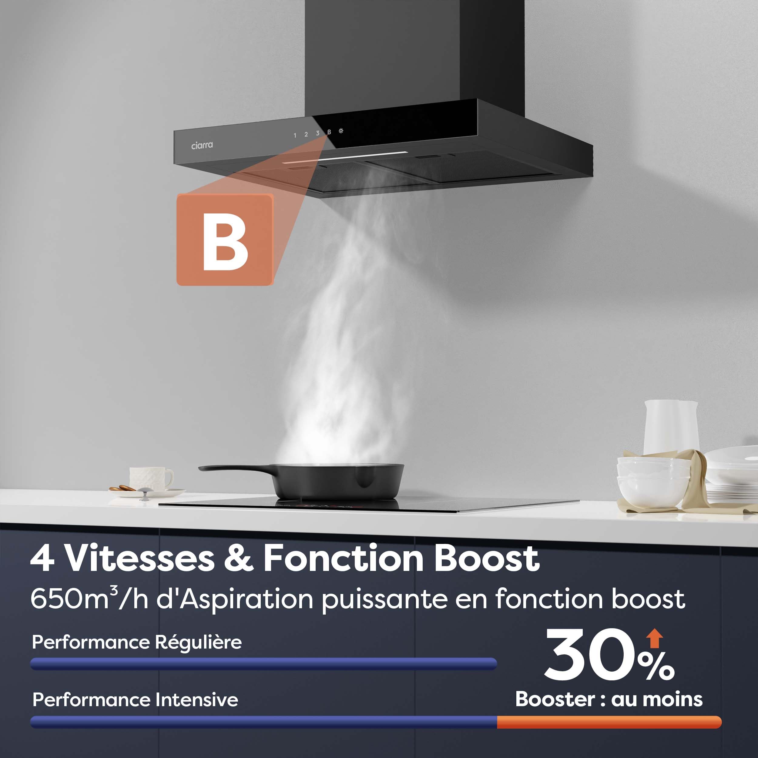 CIARRA CBCB6102 Hotte Aspirante 60 cm A+++ 650 m³/h - App & TouchControl - 4 Vitesses + Booster - Recyclage & Évacuation - Filtre à Charbon CBCF003 - Noire