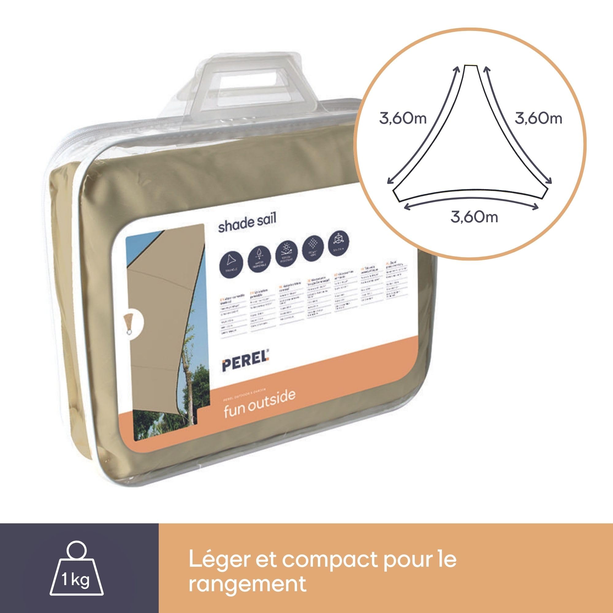 Perel Voile d'ombrage Triangulaire, 3,6 x 3,6 x 3,6 m, Polyester 180 g/m2, perméable à l'eau, Respirant, Protection UV, Jardin terrasse Balcon Piscine, Champagne, Anneaux INOX