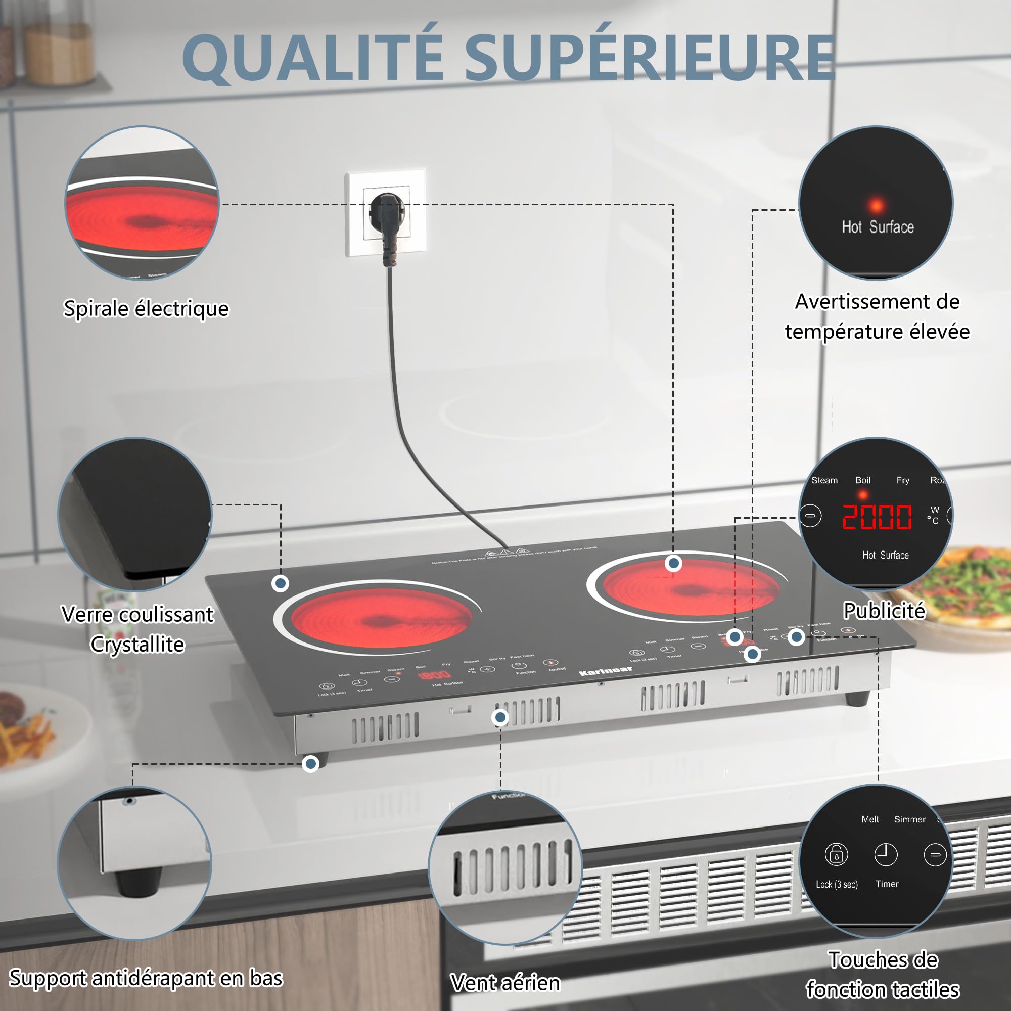 Karinear Plaque Vitrocéramique 2 Feux à Poser, Plaque Electrique Portable 220-240V avec Sécurité Enfant