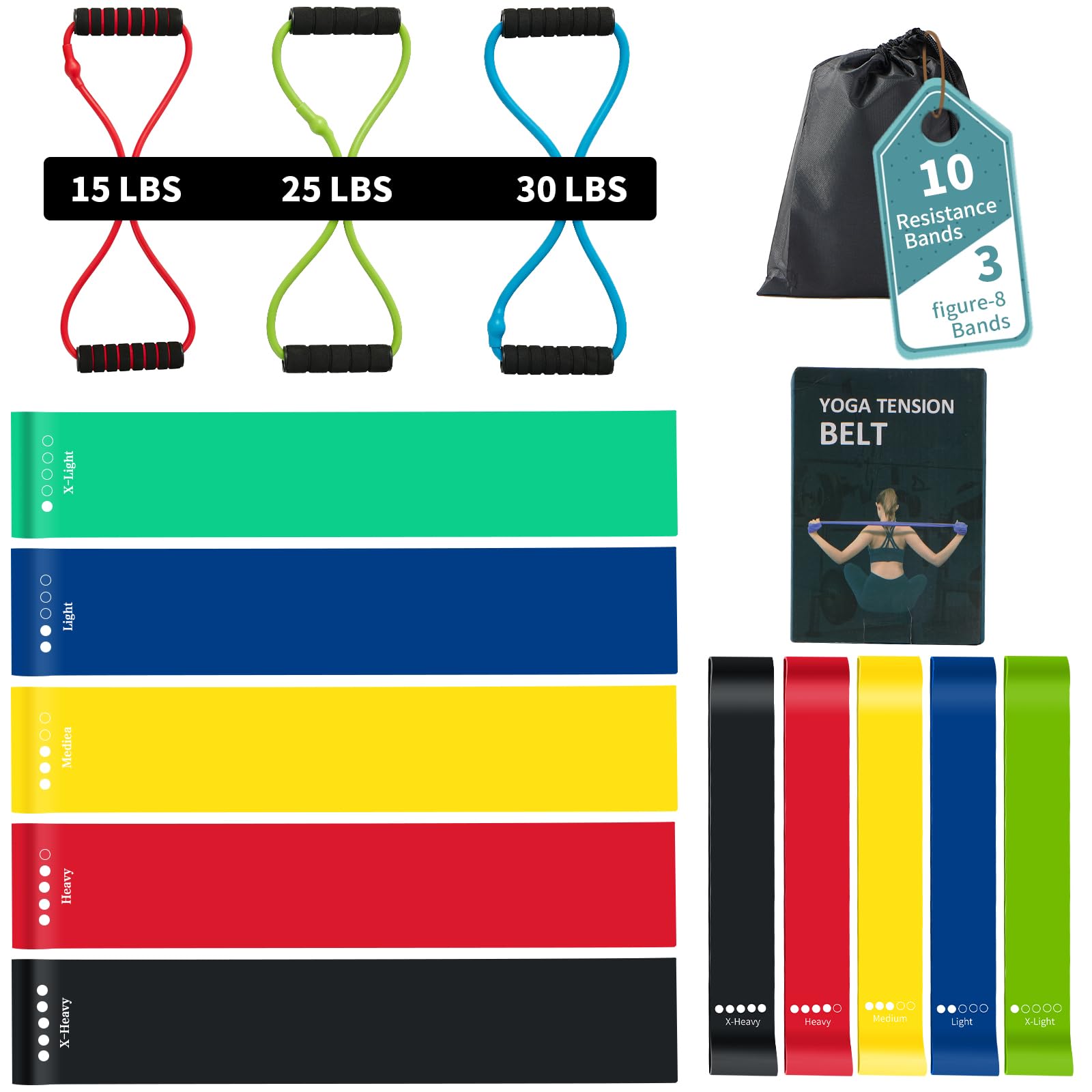 Set di 13 fasce di resistenza, 5 fasce per esercizi multilivello, fasce di resistenza ad anello in 5 colori e 3 fasce di resistenza per fitness con manici per interni ed esterni, pilates e