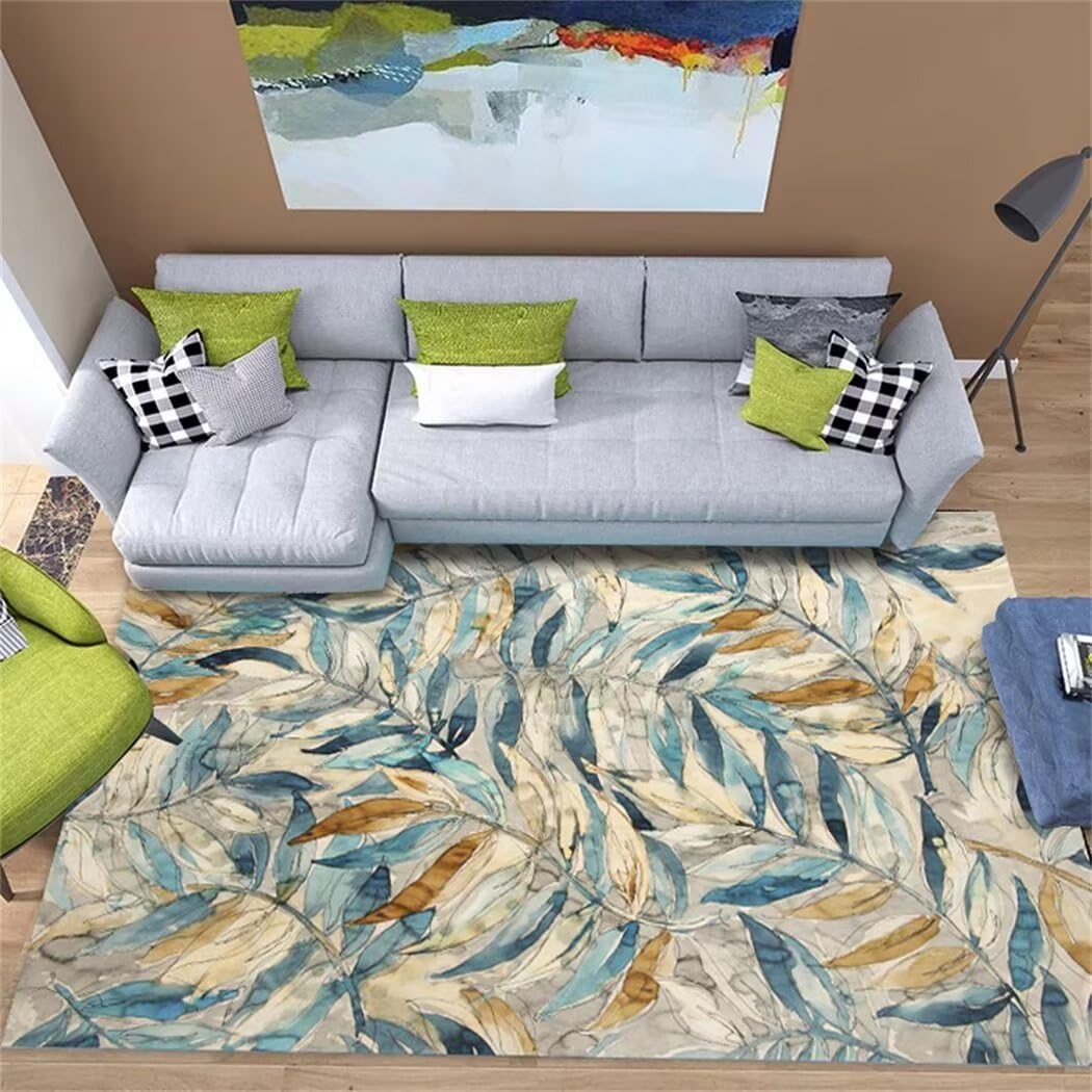 Tapis garçon chambre bleu 100x210cm rectangulaire à motif de petite feuille abstrait