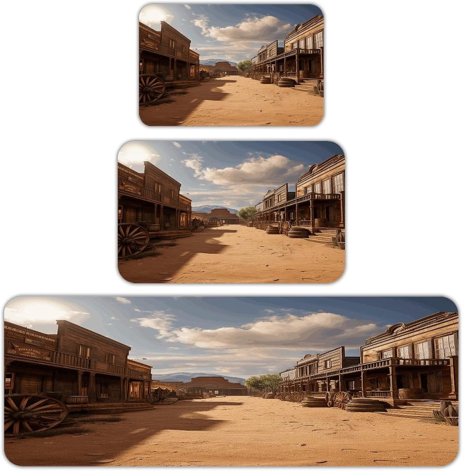 Old Wild West Cowboy Town Kitchen Mat Set of 3 Waterproof Floor Mats Non-Slip Kitchen Rugs Premium Flannel Rug Heavy Duty Standing Mat for Kitchen Home Bathroom Laundry
