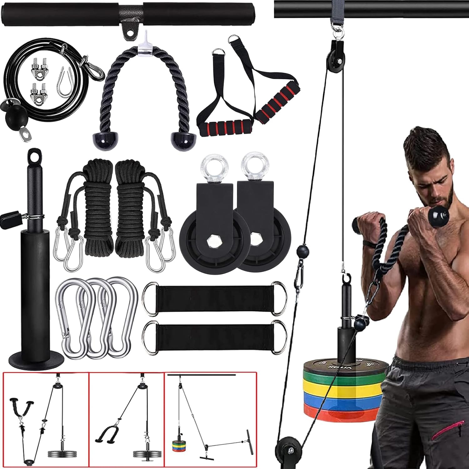 Wyciąg kablowy, fitness, trening siłowy, bicepsów, przyrząd treningowy do ćwiczeń pleców, akcesoria do sprzętu sportowego, sprzętu fitness, rolki kierunkowe, trener siłowy (3 kable + 3