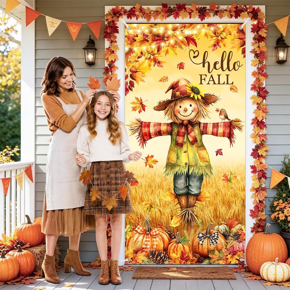Hello Fall Door Cover Scarecrow Pumpkin Leaves Thanksgiving Door Cover