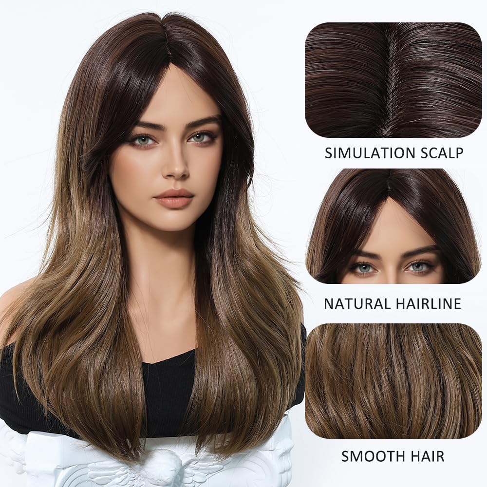 Esmee Long Straight Ombre Brown Wig for Women with Curtain Bangs Natural Synthetic Hair Wigs for Daily Party Use - Image 3
