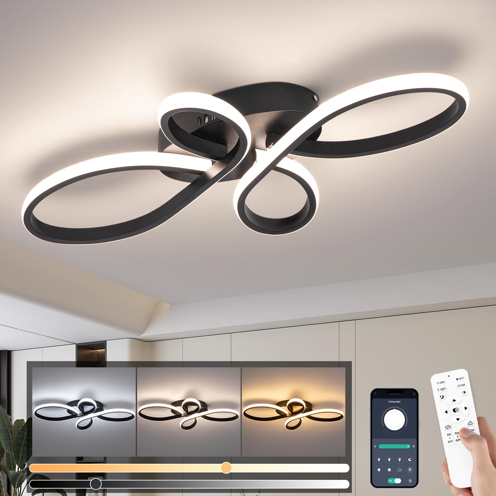 Led Ceiling Light Dimmable, Modern Led Ceiling Lamp with Remote Control, Minimalist Black Ceiling Lights for Bedroom Kitchen Living Room Dining Office Hallway Balcony - 36W, Black, 60cm, 3000K-6000K — image 1