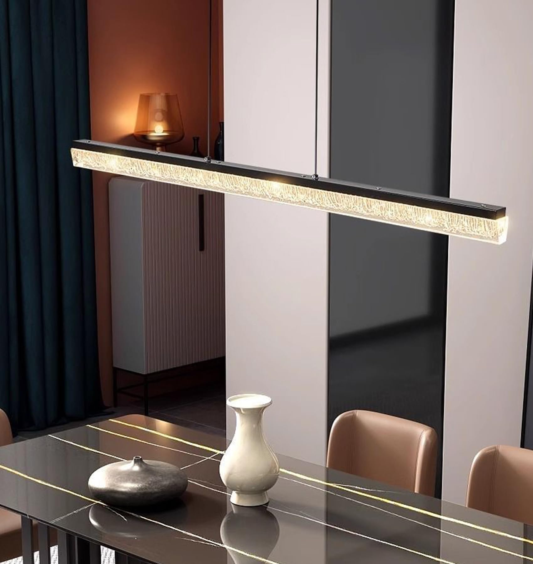150cm Moderne LED Pendelleuchte esszimmer dimmbar hängelampe esstisch schwarz,Linear design hängeleuchte mit Fernbedienung,Esszimmerlampe hängend Höhenverstellbar Esstischlampe,Bürolampe (150cm/60w)