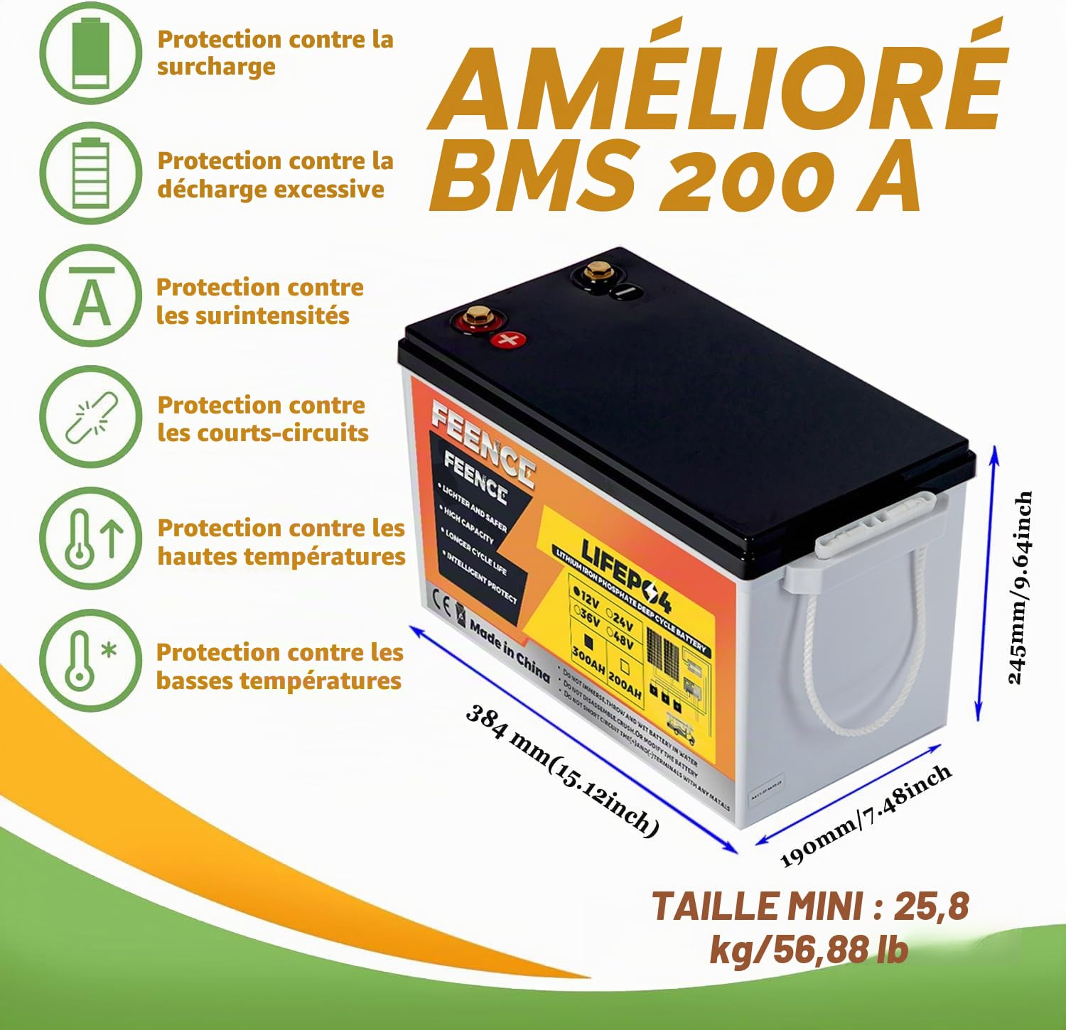 Batterie LiFePO4 de 330 Ah, batterie au lithium 12 V 330 Ah avec BMS 200 A, batterie de voiture au lithium à cycle profond de 4224 Wh, plus de 15 000 cycles de charge, idéale pour les camping-cars