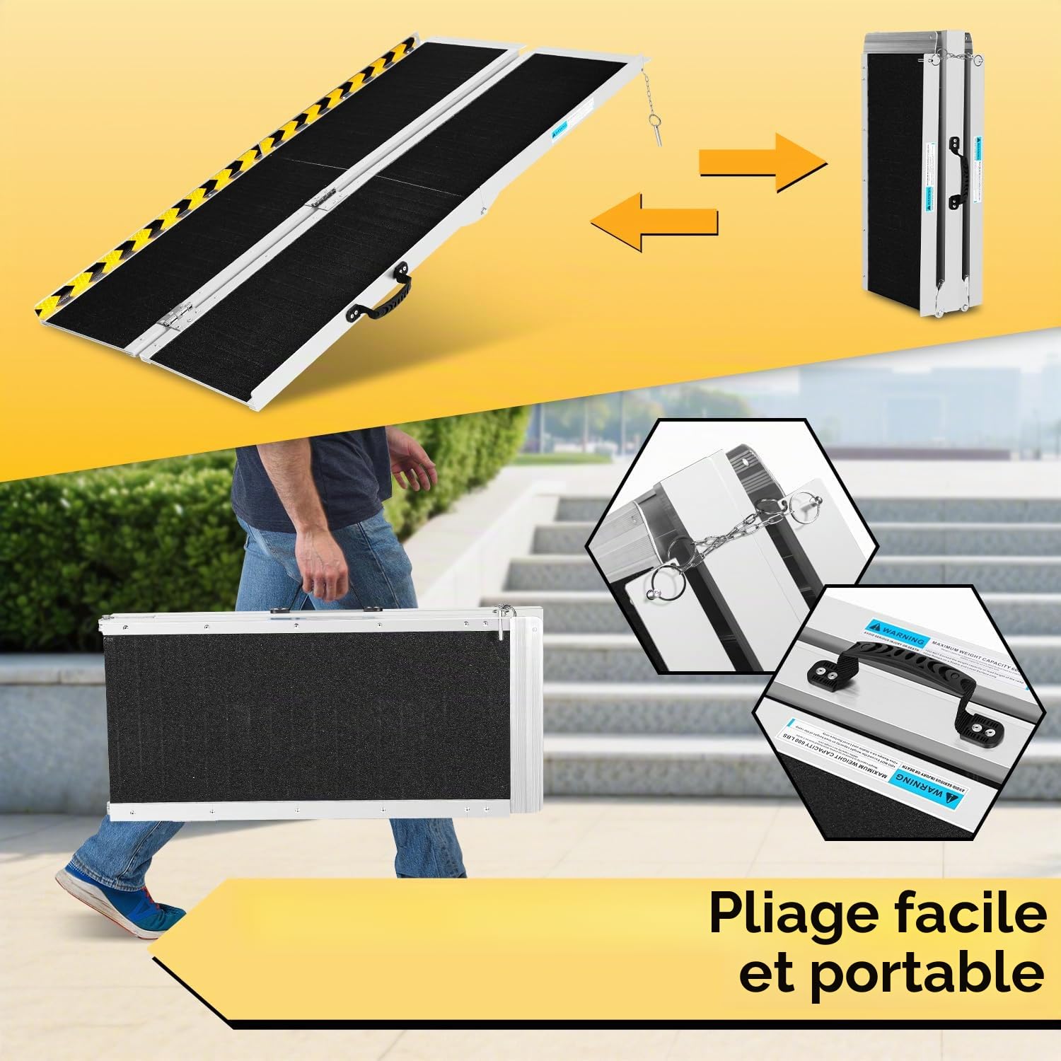 Rampe de fauteuil roulant pliable 152 cm, rampe pour fauteuil roulant, en aluminium, antidérapante, rail d'accès mobile, charge maximale 270 kg, rampe pliante pour escaliers, marches