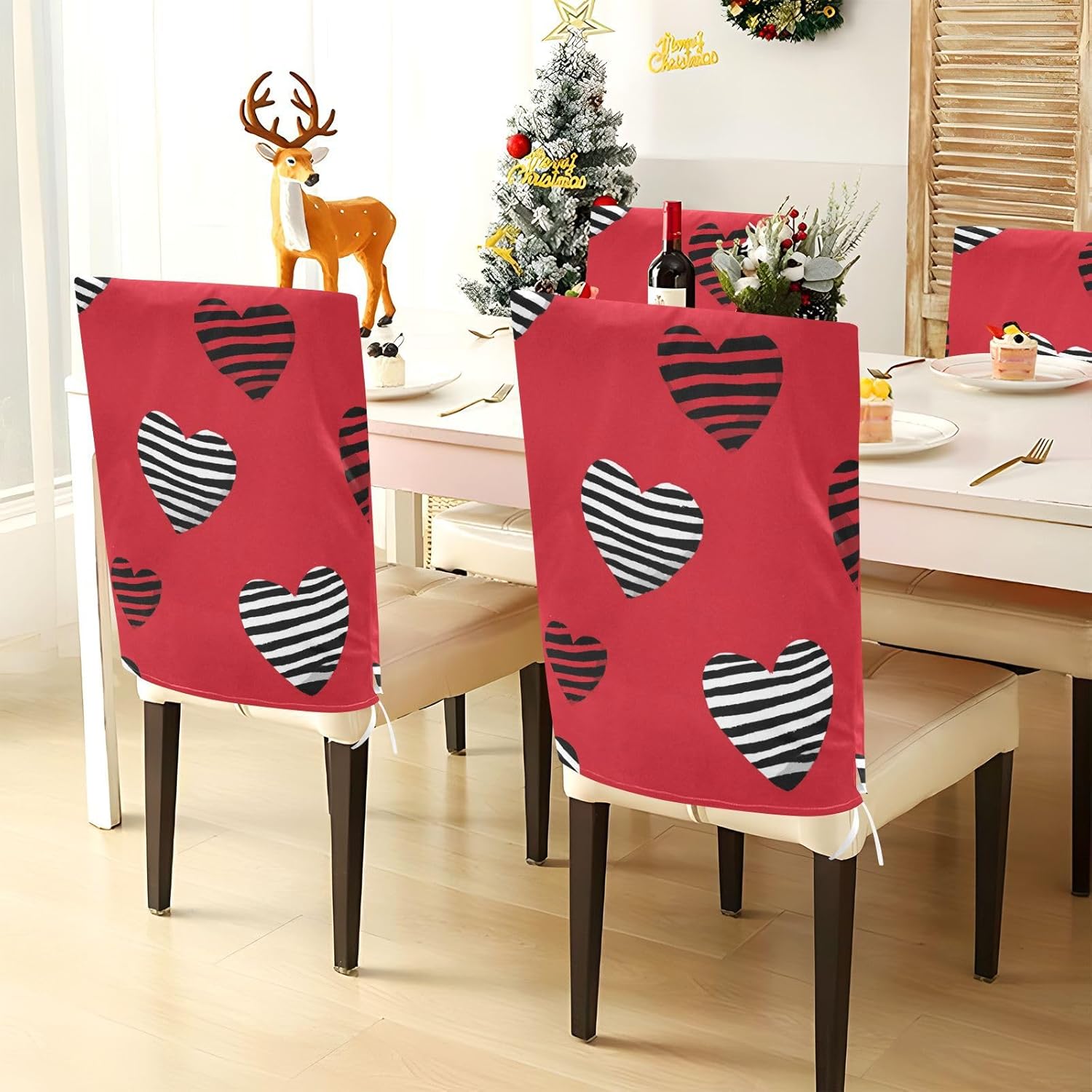 ALAZA Stripes Hearts Chair Back Cover Set of 6, Washable Reusable Removable Chair Slipcovers Decorative Chair Cover for Home Kitchen Wedding Party