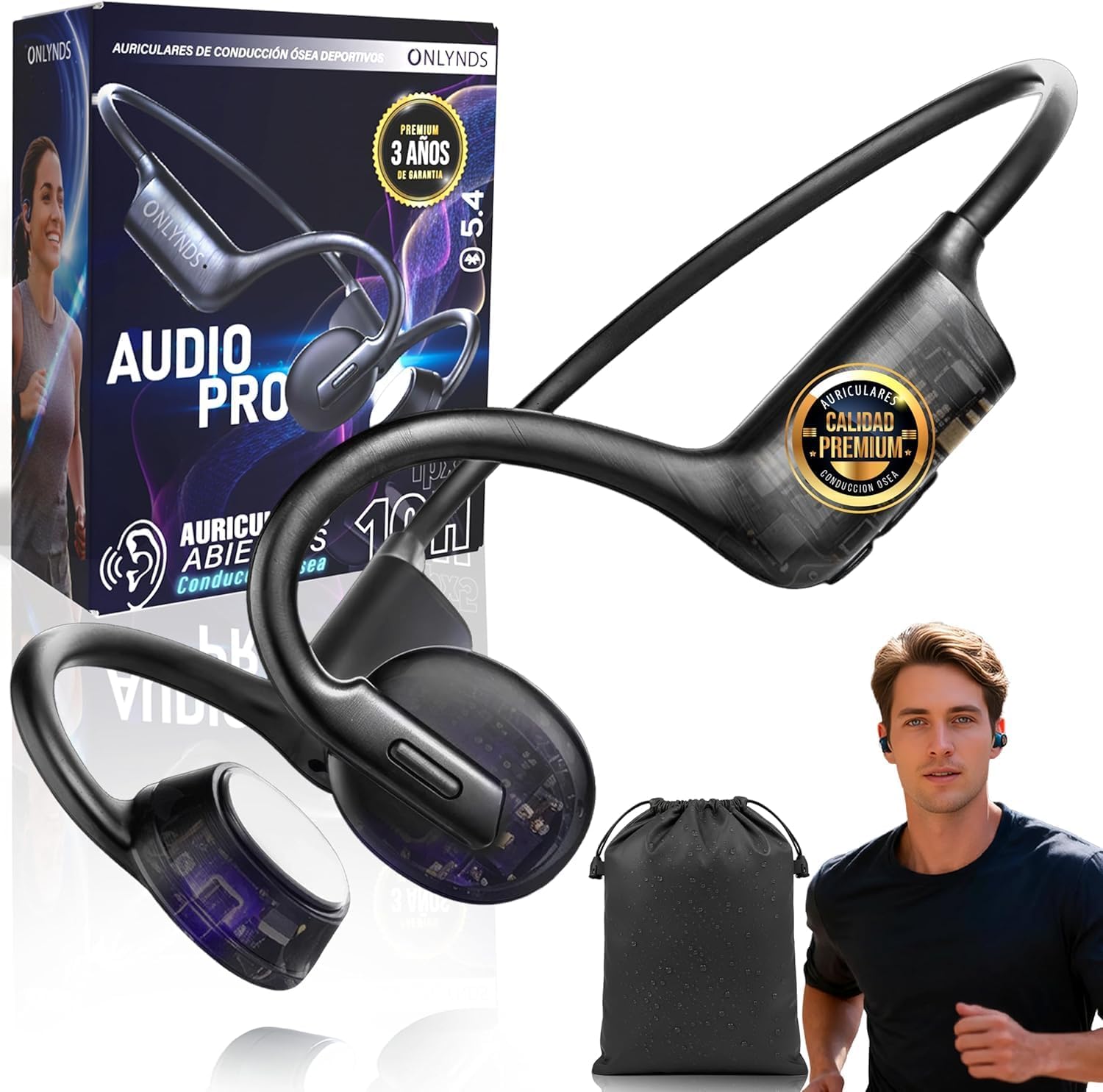 Auriculares Conduccion Osea Premium Bluetooth 5.4 | Cascos Open Ear Inalámbricos IPX5 | ULTRALIGEROS | Resistentes al Sudor y Lluvia | Bolsa Impermeable INCLUIDA.