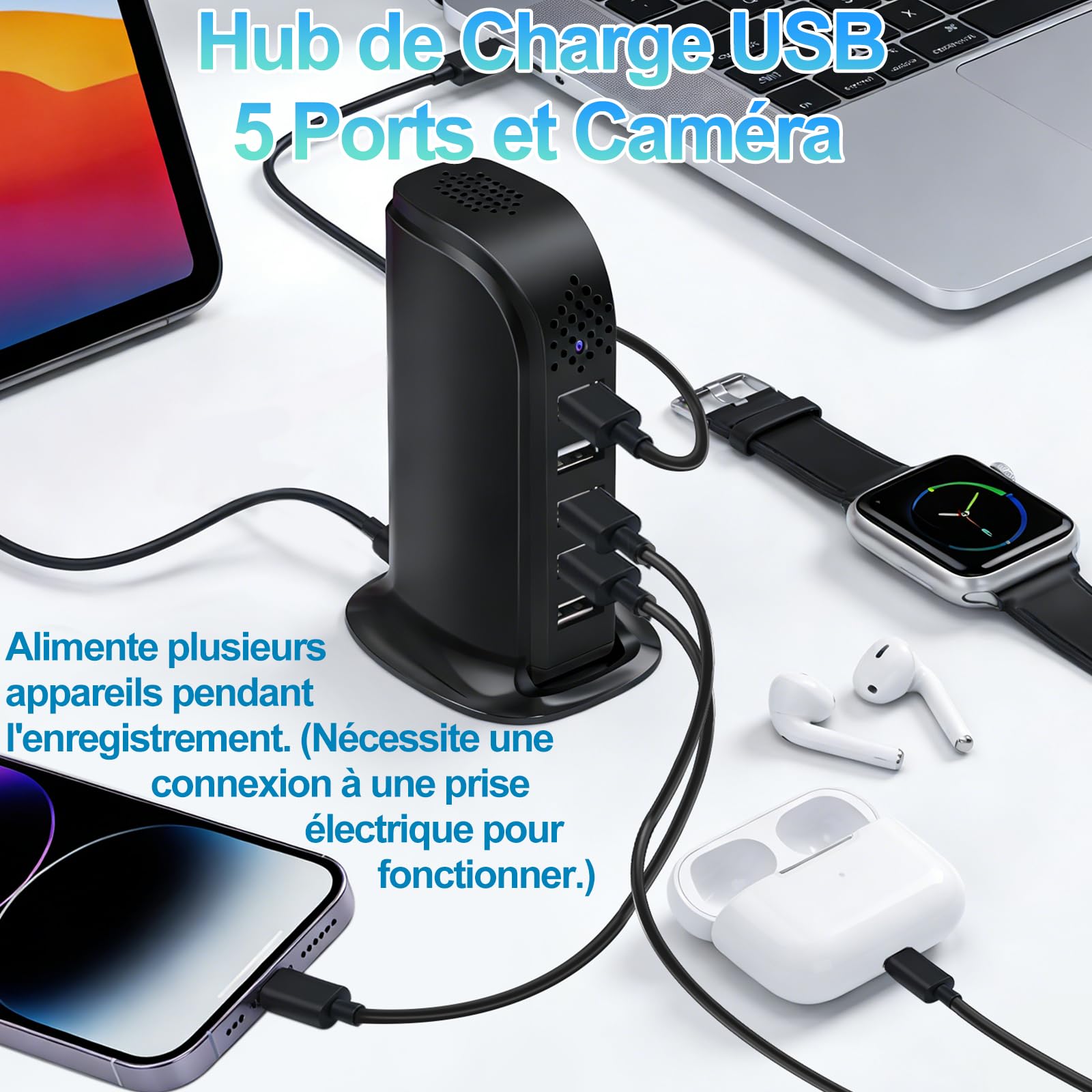 TANGMI Camera Espion, Hub de Charge 5-en-1 Mini Camera Espion sans Fil, WiFi 2.4G & 5Ghz 1080P HD avec Détection de Mouvement et Alertes Instantanées pour la Maison et Le Bureau