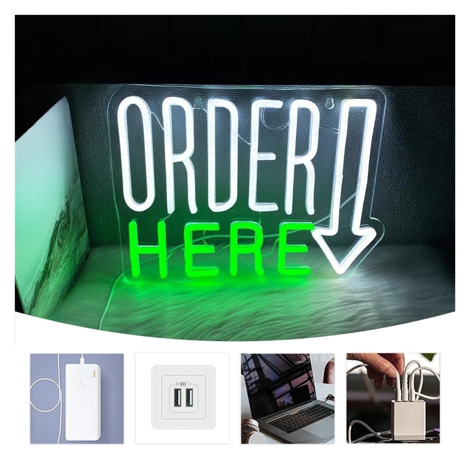 Insegna al Neon Order Here Insegna Al Neon Con Lettera Dimmerabile Alimentata Tramite USB Per Ristoranti Negozi Bar Reception Feste Decorazioni 31.5cmx24cm