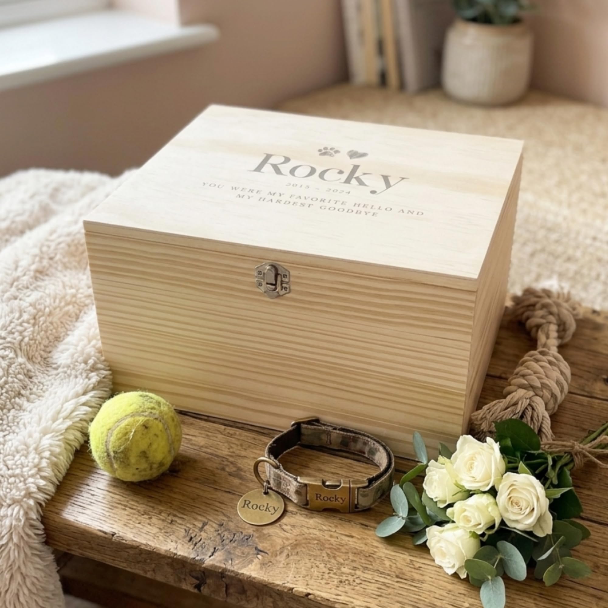 Caja de recuerdo de madera personalizada para mascotas, regalo personalizable de duelo para perros o gatos, madera de pino con bisagras de metal y cierre, 26 x 19 x 15,5 cm