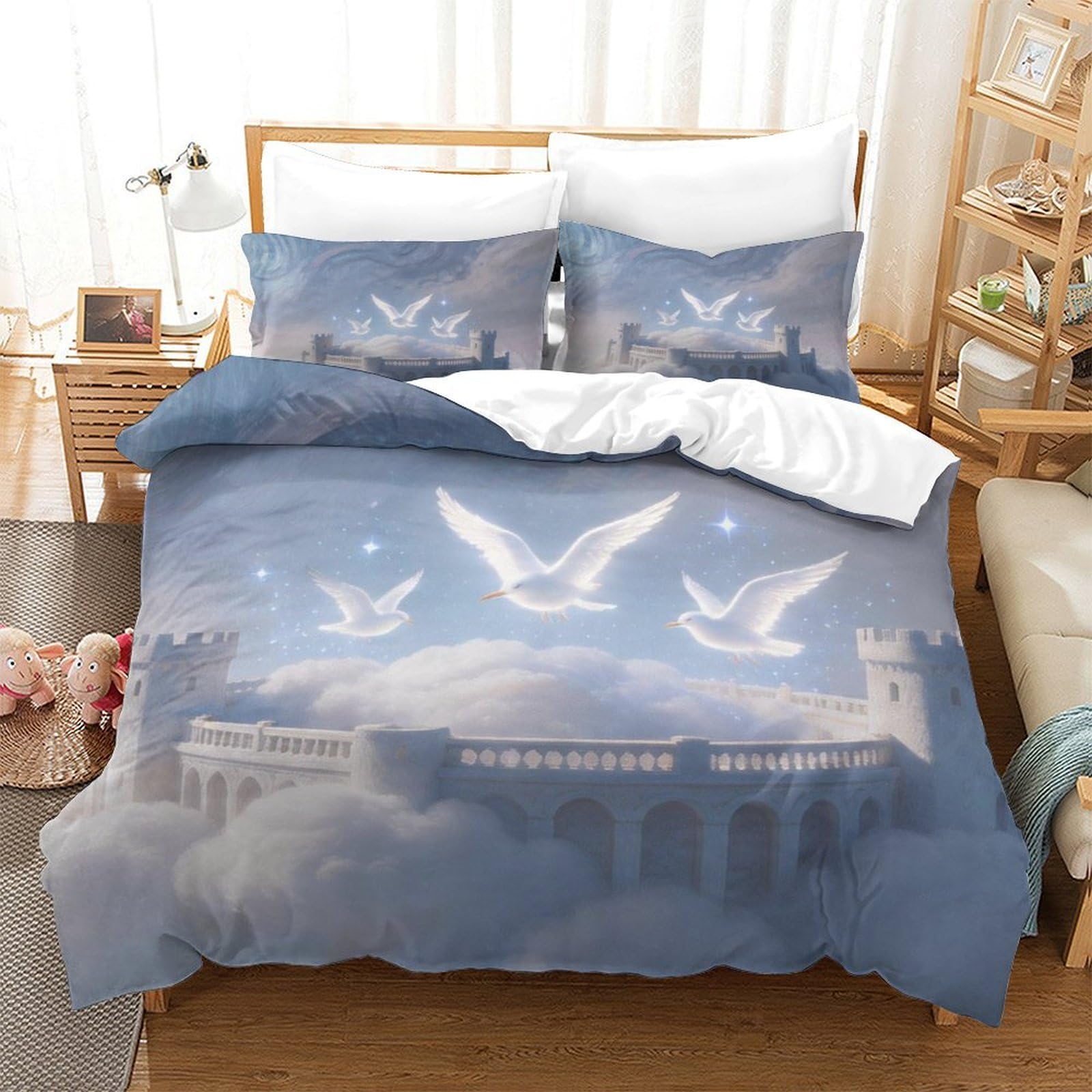 Housse de couette motif colombe ciel parure lit adulte bleu évasion